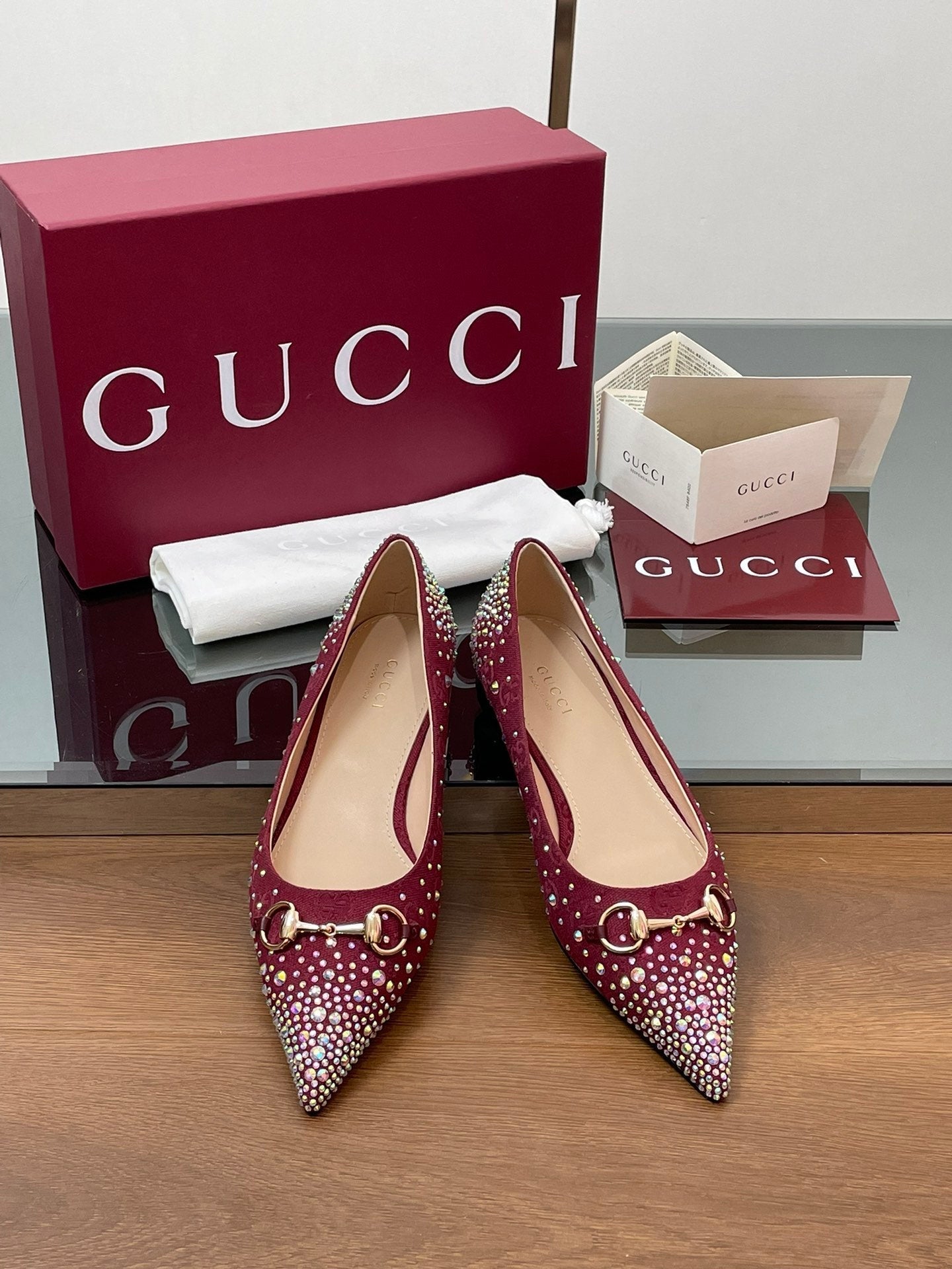 Luxury Gucci GG Horsebit Ballet Flat Red Ebony Monogram Canvas Crystal-Embellished
