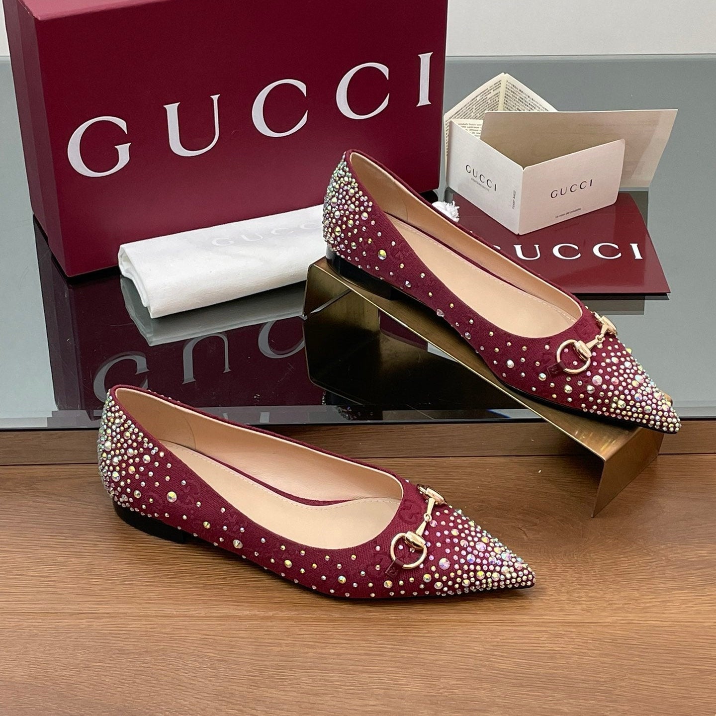 Luxury Gucci GG Horsebit Ballet Flat Red Ebony Monogram Canvas Crystal-Embellished