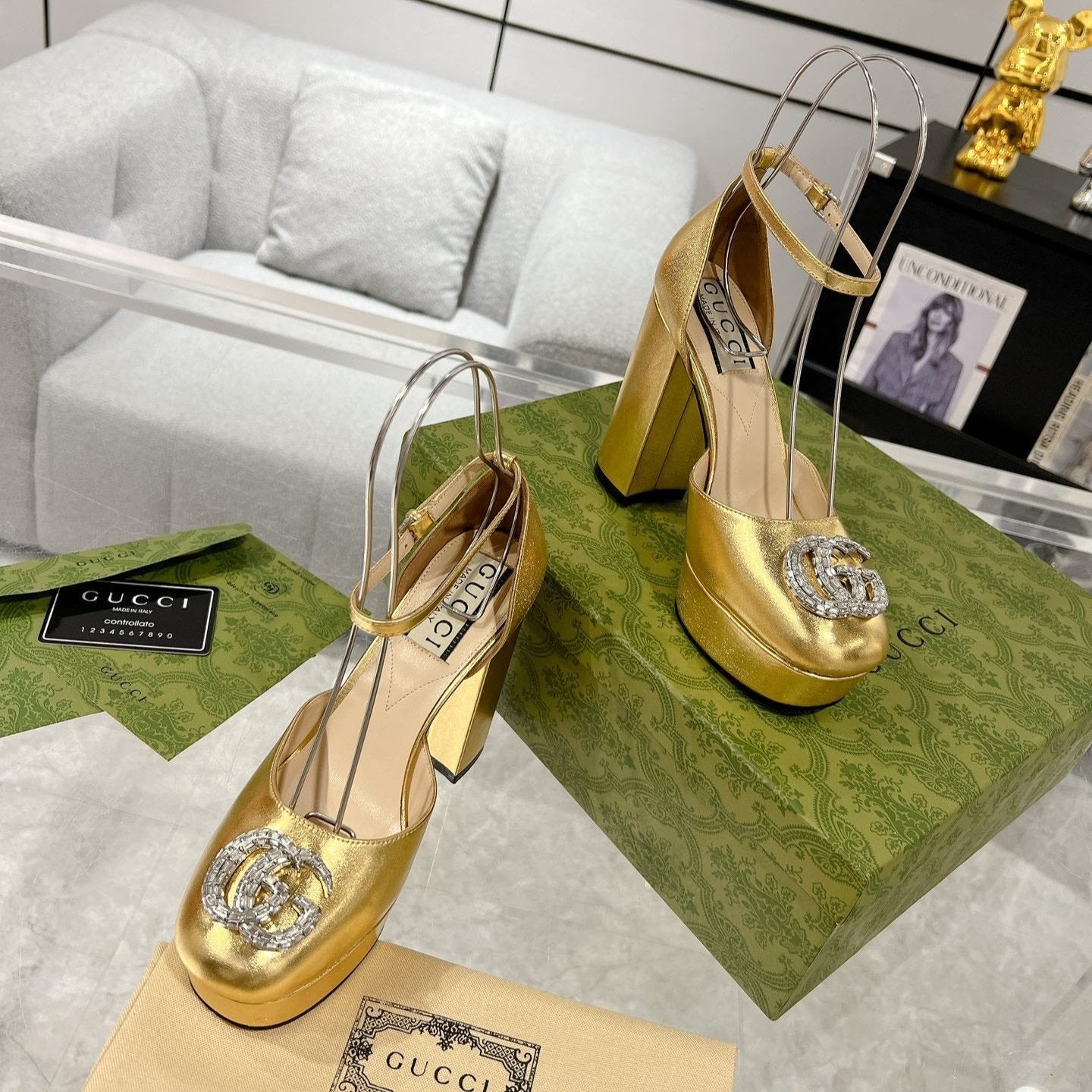Luxury Gucci HIGH SANDAL SQUARE HEEL 12 CM IN GOLD CALFSKIN