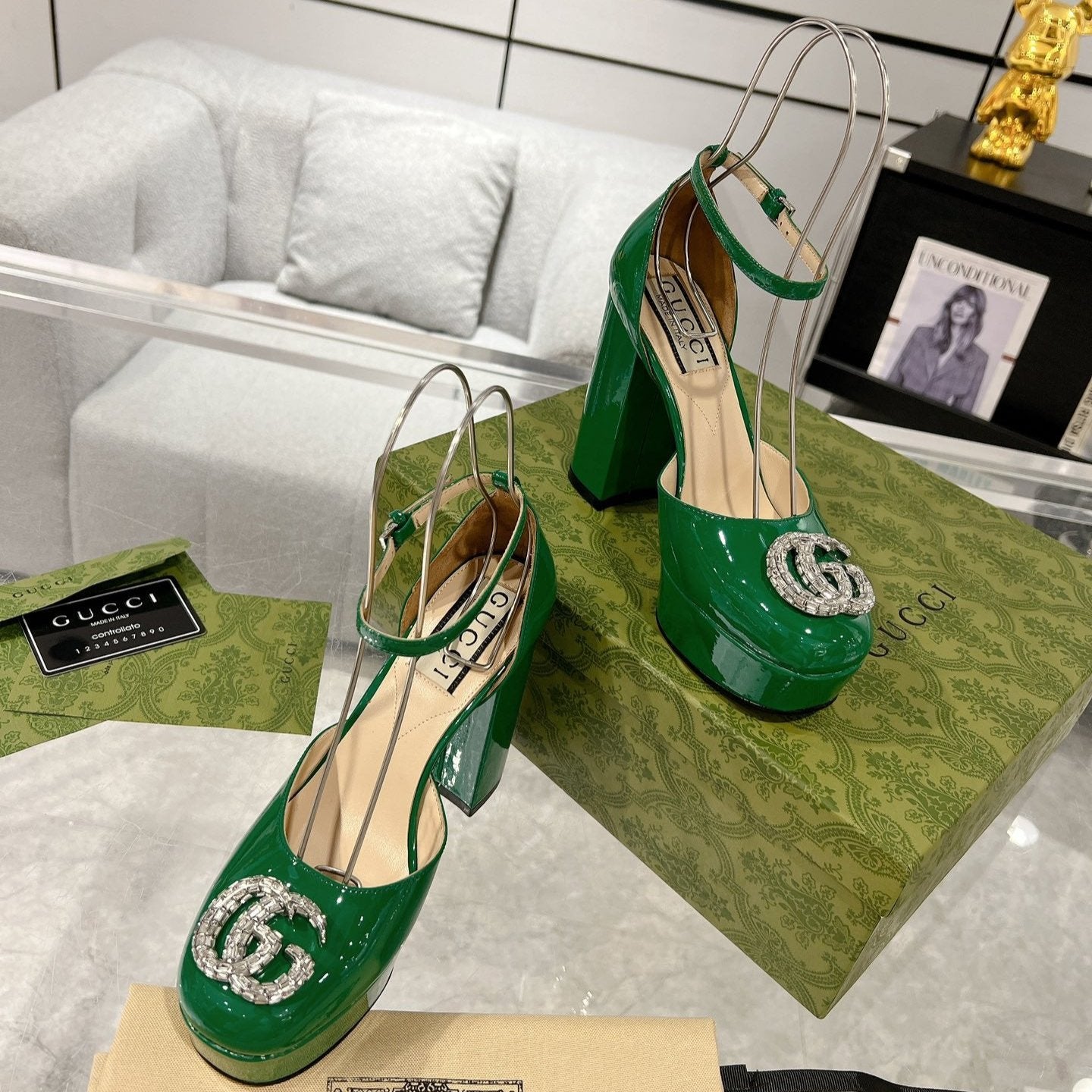 Luxury Gucci HIGH SANDAL SQUARE HEEL 12 CM IN DARK GREEN CALFSKIN