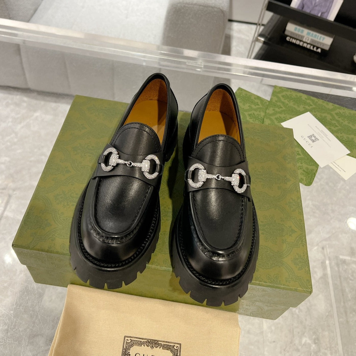 Luxury Gucci GG CRYSTAL LOAFER WITH HORSEBIT BLACK CALFSKIN
