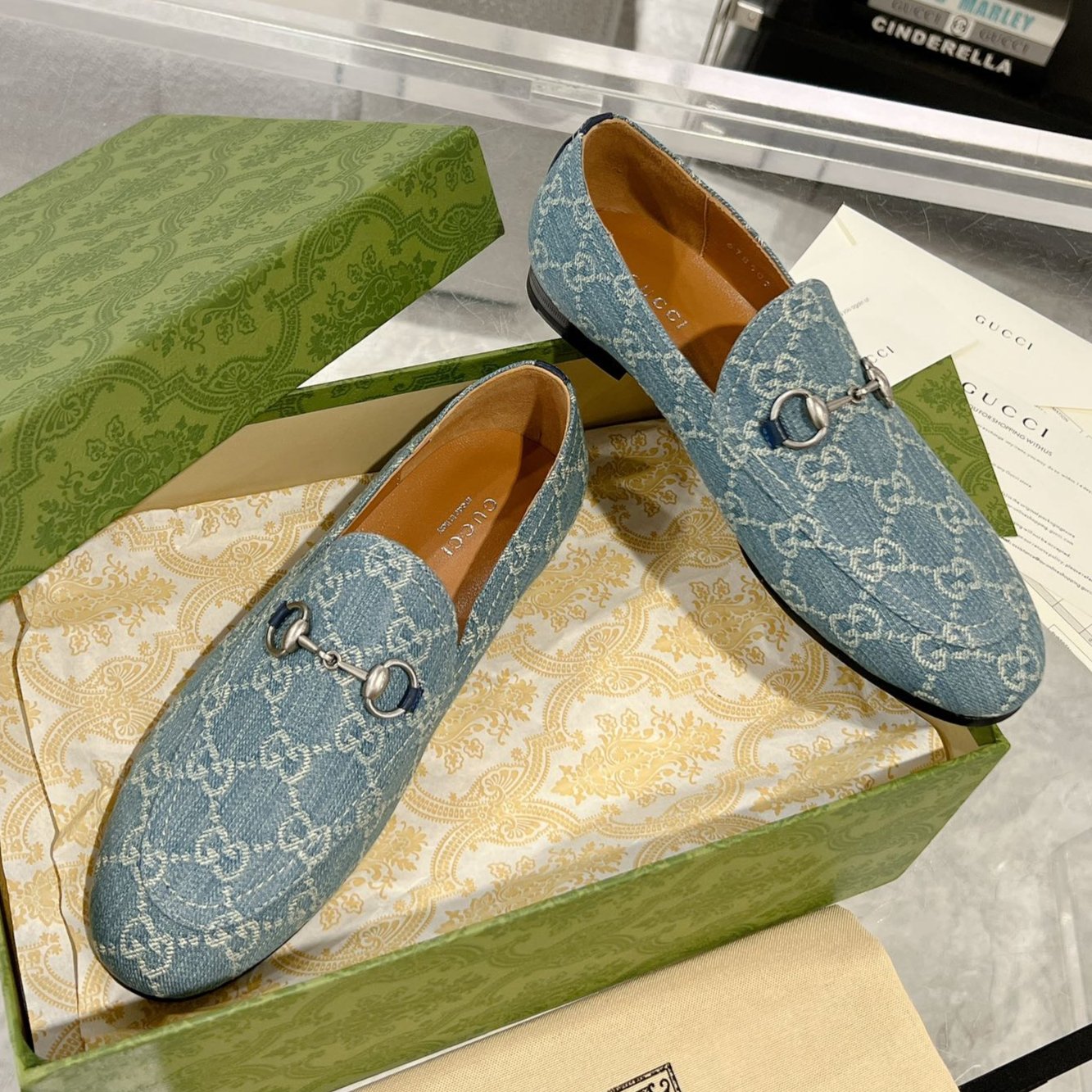Luxury Gucci MEN'S LOAFER WITH HORSEBIT IN SAPHIRE BLUE MONOGRAM JACQUARD FABRIC