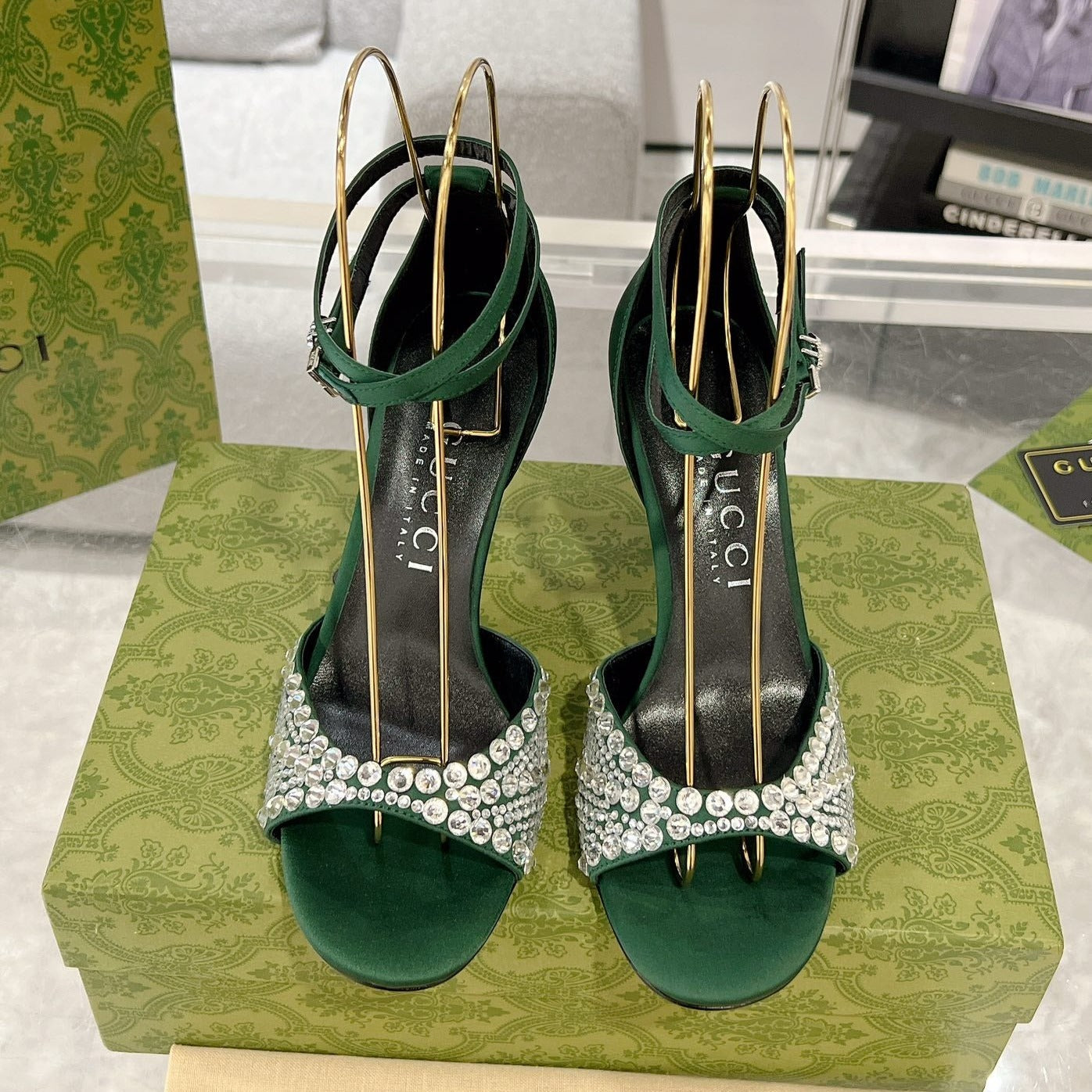 Luxury Gucci GG CRYSTAL ASTLETON GREEN HIGH HEEL SANDALS SATIN