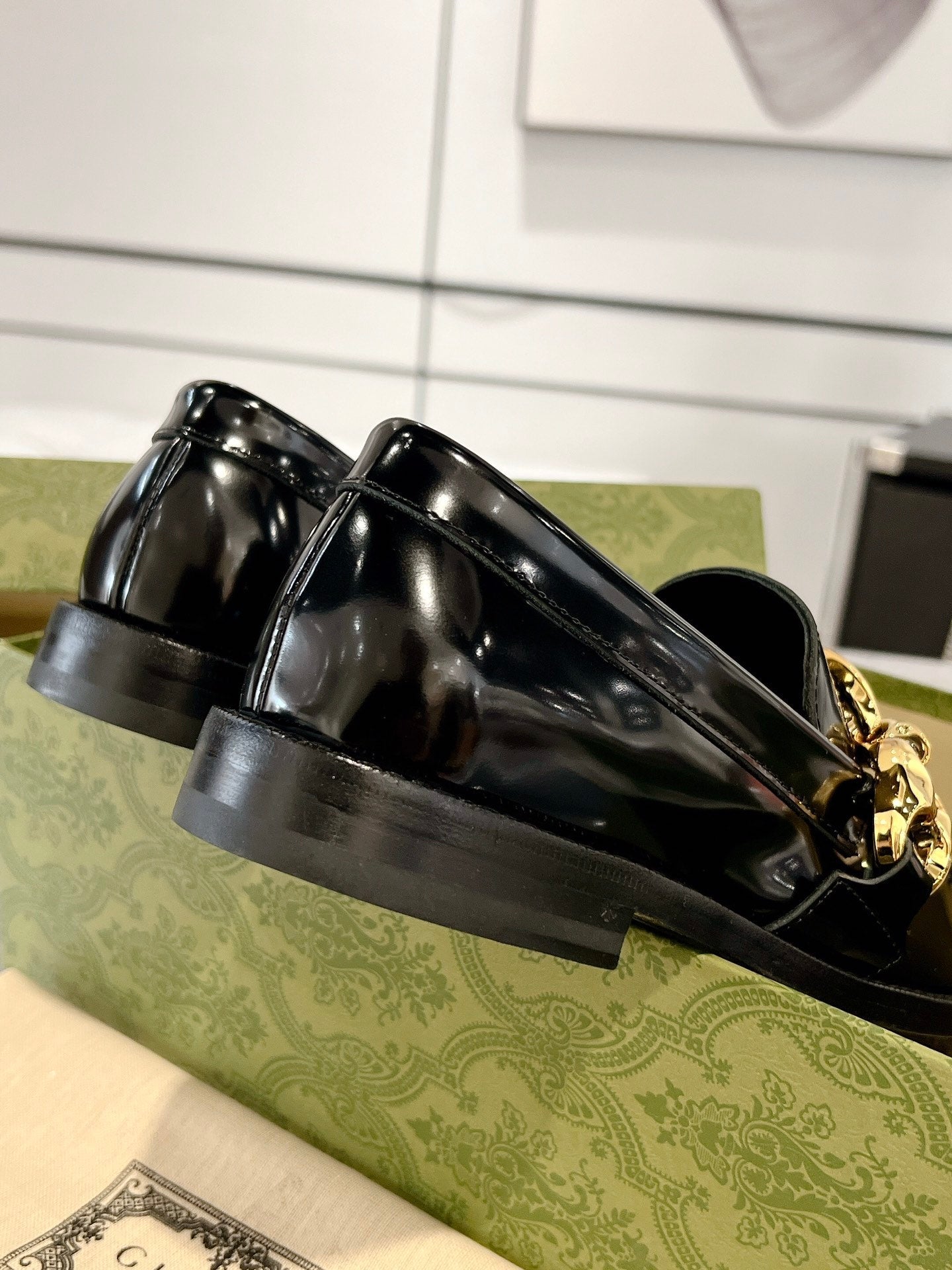 Luxury Gucci GG Marina Loafer Black Patent Calfskin