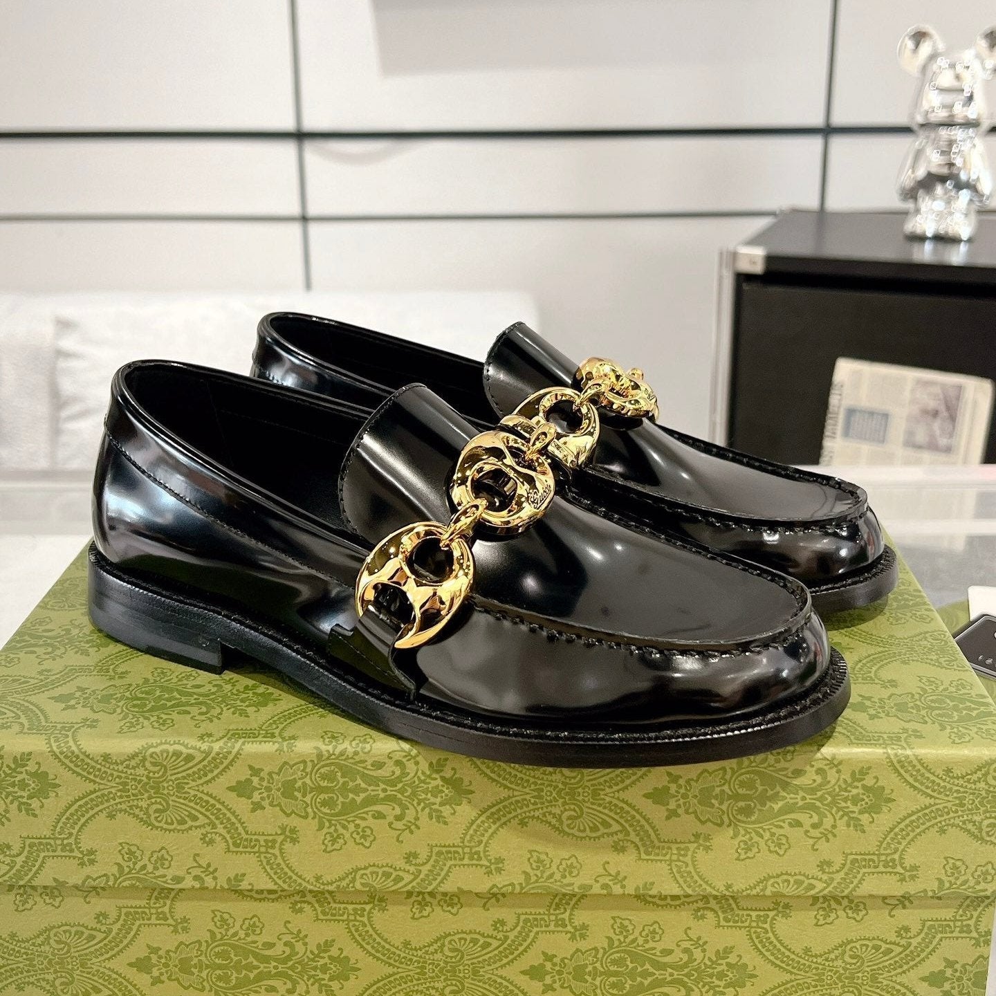 Luxury Gucci GG Marina Loafer Black Patent Calfskin
