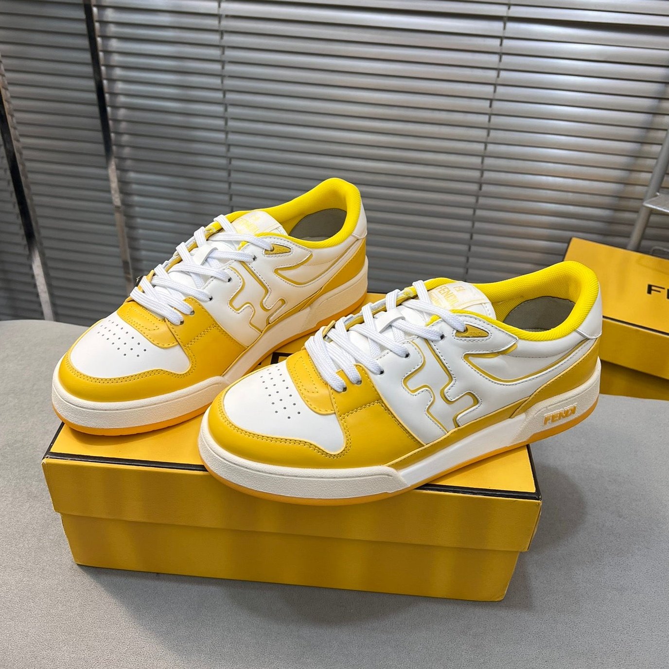 Luxury FendiLuxury FendiMATCH LOW TOPS IN BRIGHT YELLOW MIX WHITE CALFSKIN AND MESH