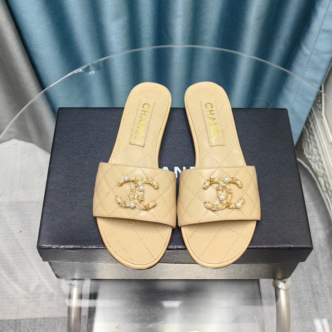 Luxury Chanel mule sandal quilted beige calfskin mop
