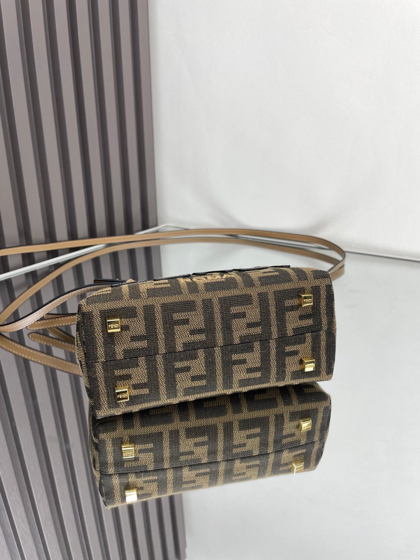 Luxury FendiBY THE WAY MINI 18 IN SOYA BEAN JACQUARD FABRIC AND BROWN CALFSKIN TRIM