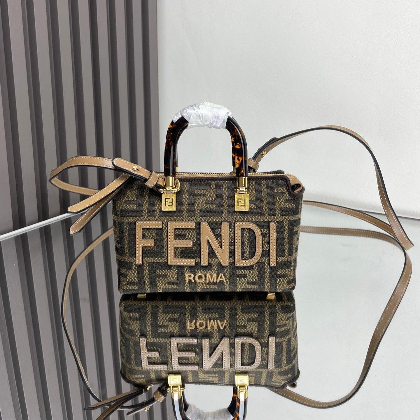 Luxury FendiBY THE WAY MINI 18 IN SOYA BEAN JACQUARD FABRIC AND BROWN CALFSKIN TRIM