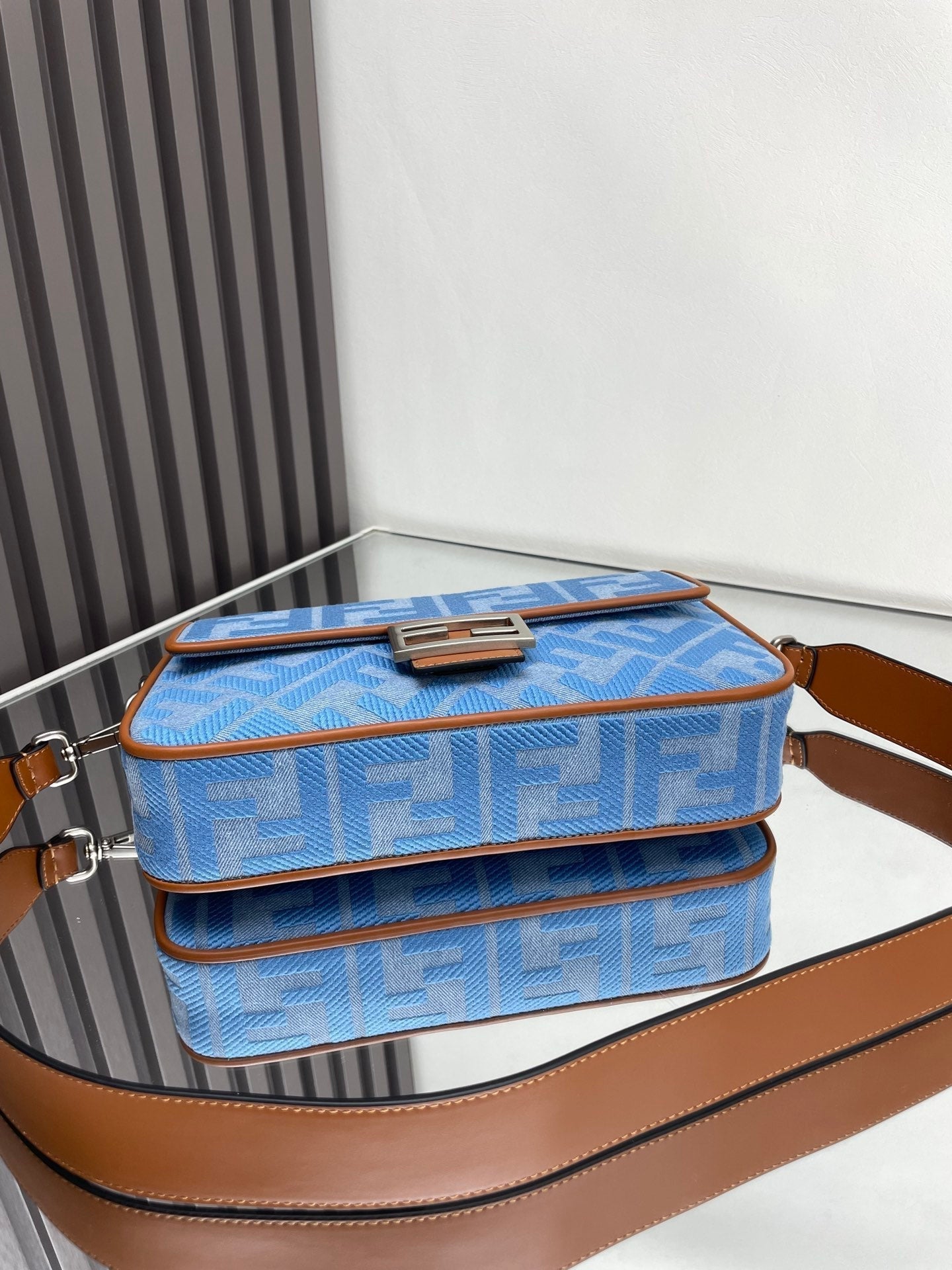 Luxury FendiFend Baguette Blue Brown Canvas Bag 27 with FF Embroidery Ghw