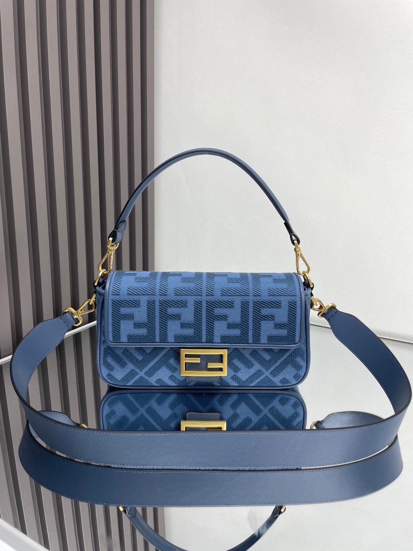Luxury FendiFend Baguette Blue Canvas Bag 27 with FF Embroidery Ghw