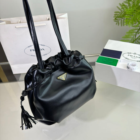 Luxury PradaDRAWSTRING BUCKET BAG 25 IN BLACK SOFT LAMBSKIN