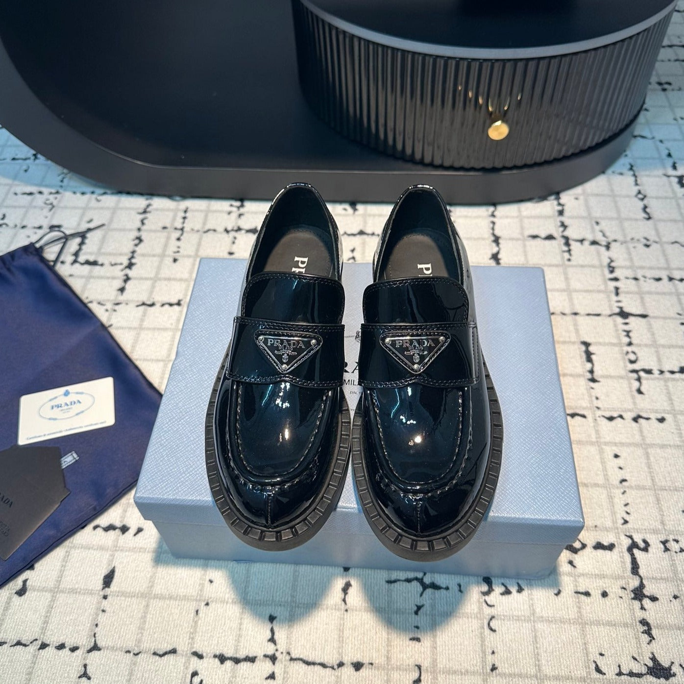 Luxury PradaSCHOCOLATE BRUSHED LOAFERS GLOSSY BLACK CALFSKIN
