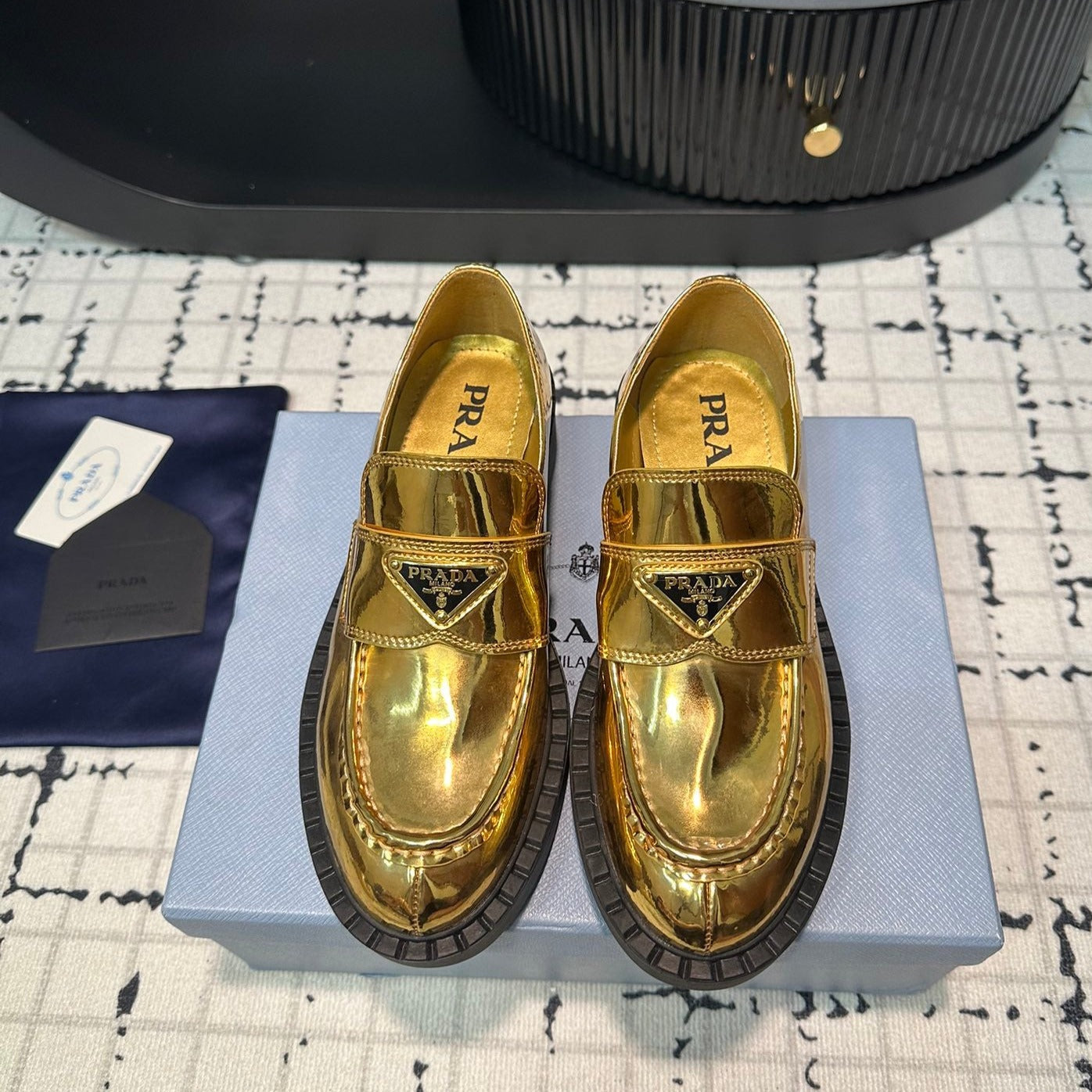 Luxury PradaSCHOCOLATE BRUSHED LOAFERS METALLIC GOLD CALFSKIN