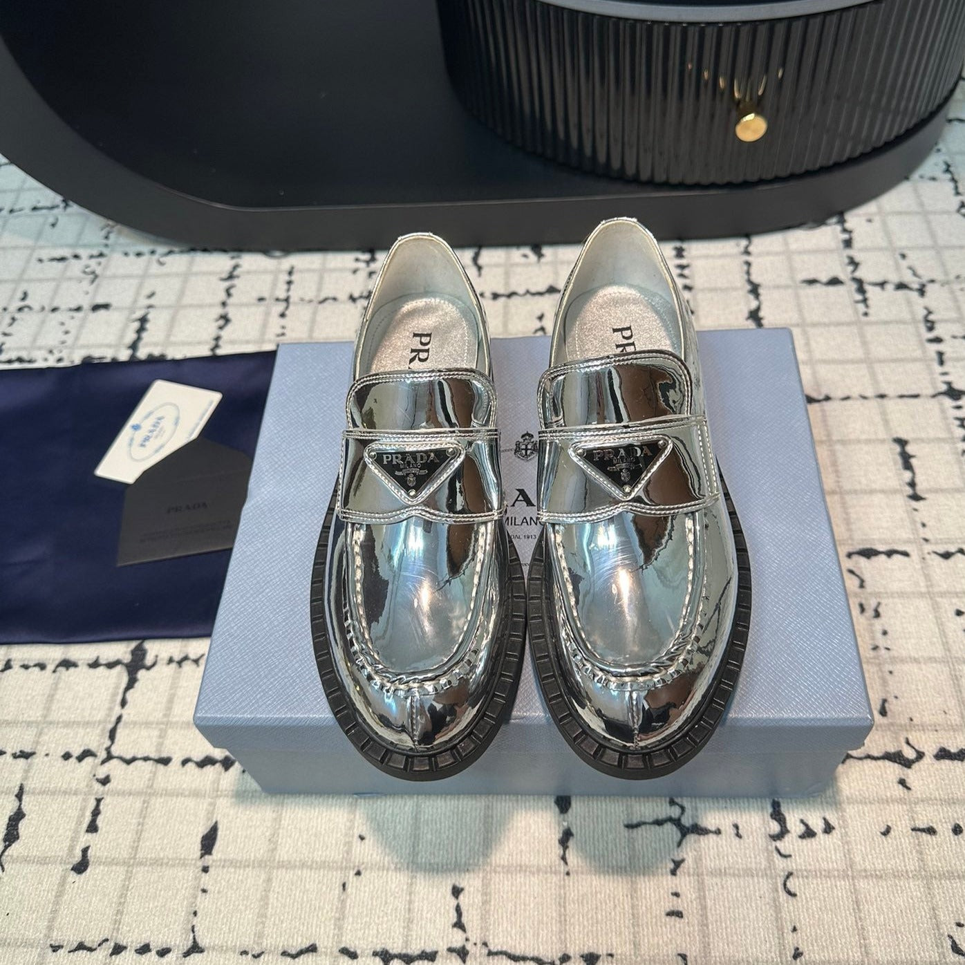 Luxury PradaSCHOCOLATE BRUSHED LOAFERS GLOSSY SILVER CALFSKIN