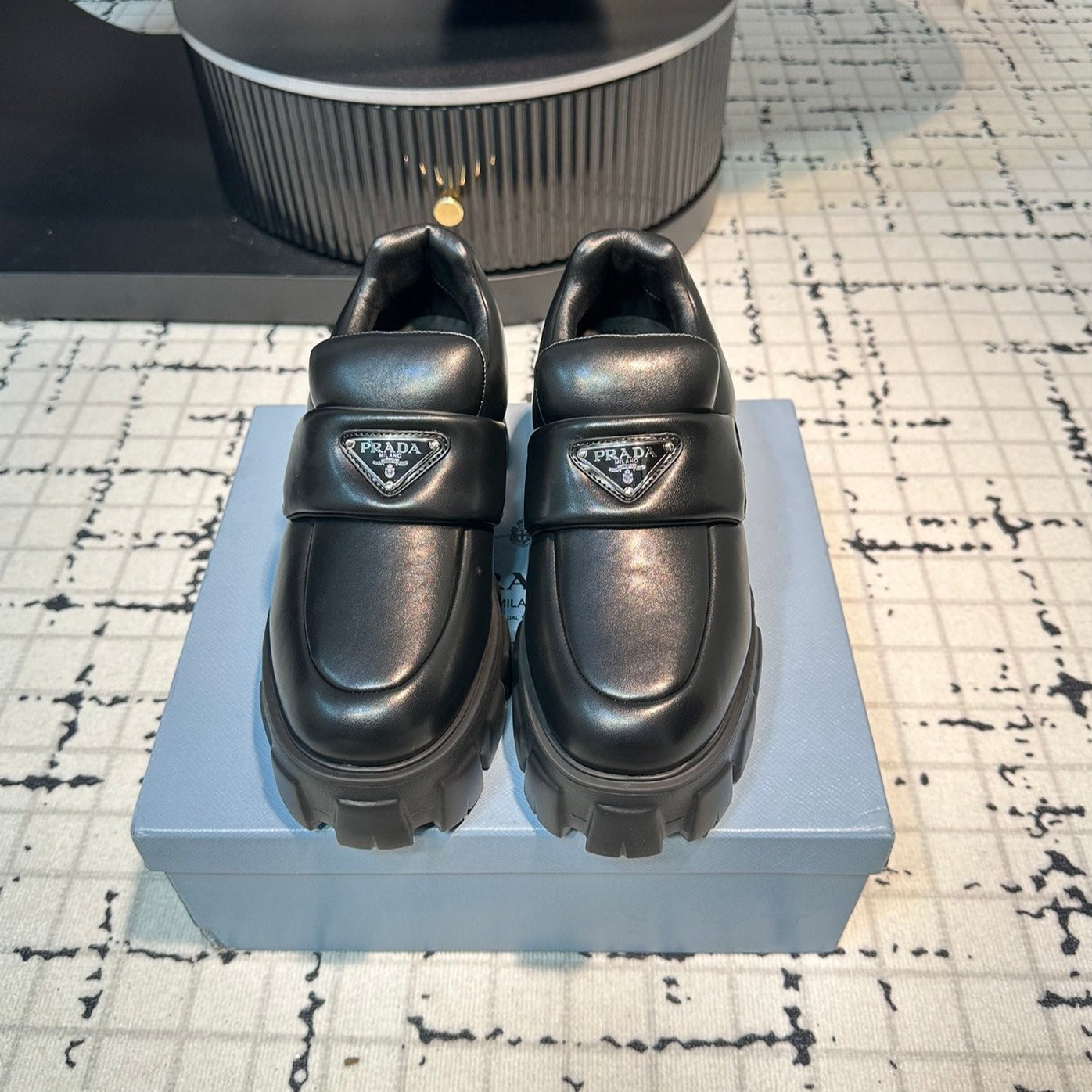 Luxury PradaBRUSHED MONOLITH LOAFERS BLACK LAMBSKIN