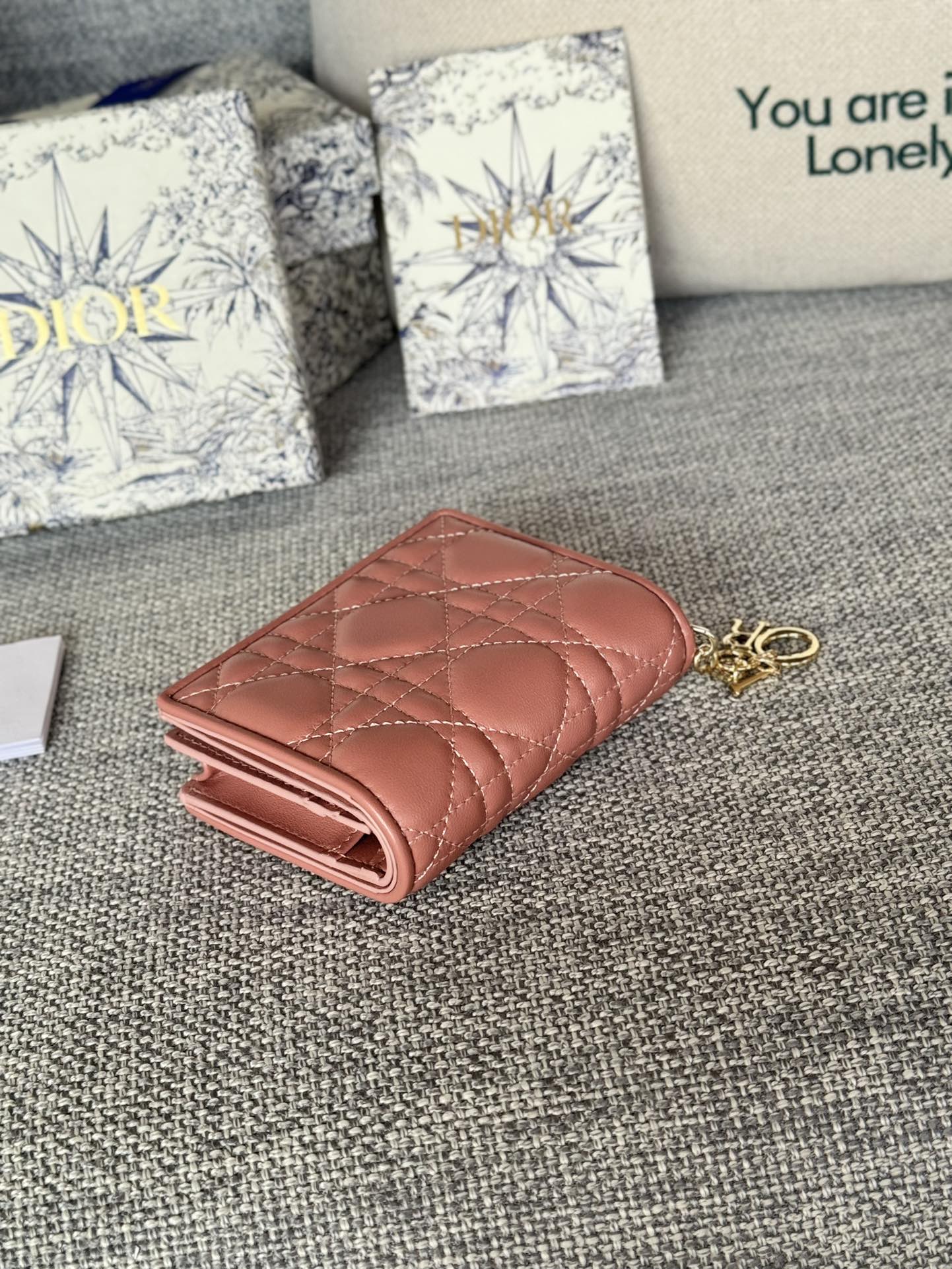 Luxury DiorCaro 11cm Compact Wallet Dark Pink Calfskin