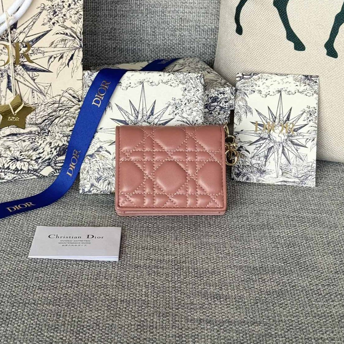Luxury DiorCaro 11cm Compact Wallet Dark Pink Calfskin