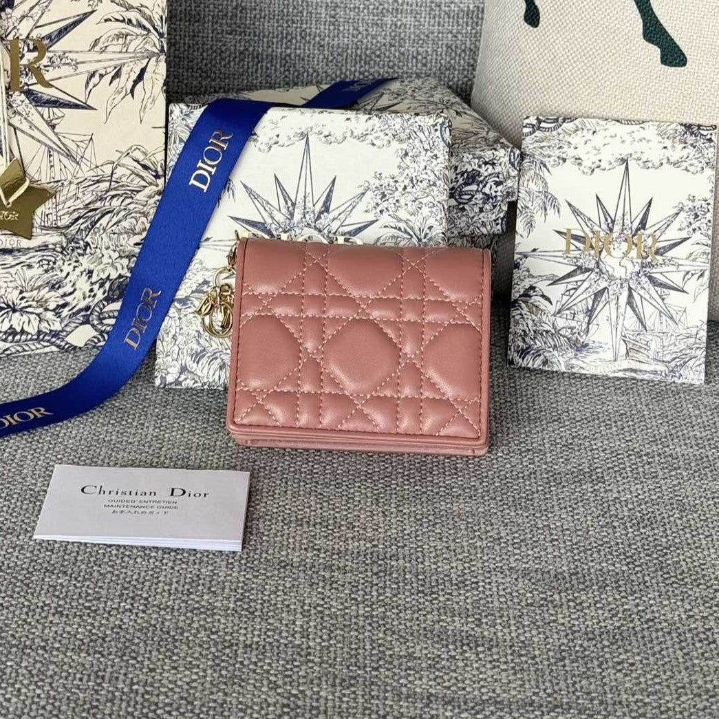 Luxury DiorCaro 11cm Compact Wallet Dark Pink Calfskin