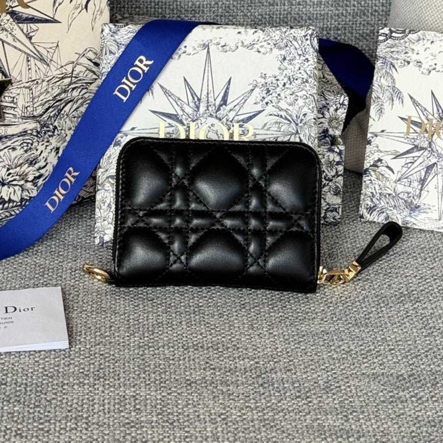 Luxury DiorLogo Caro 11cm Compact Wallet Black Calfskin