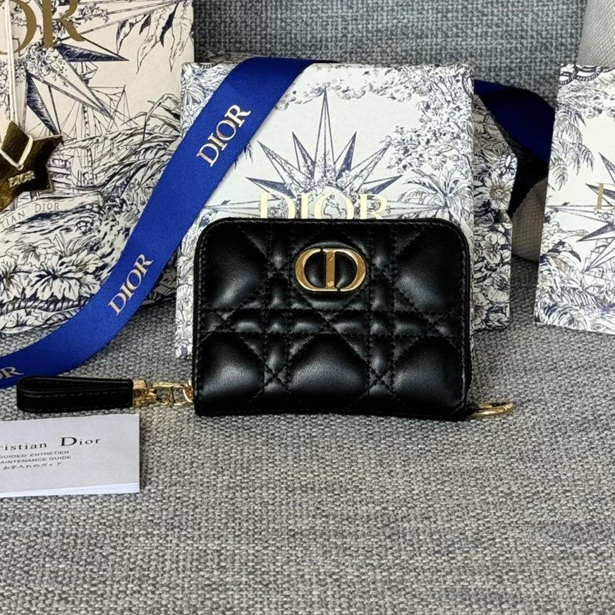 Luxury DiorLogo Caro 11cm Compact Wallet Black Calfskin