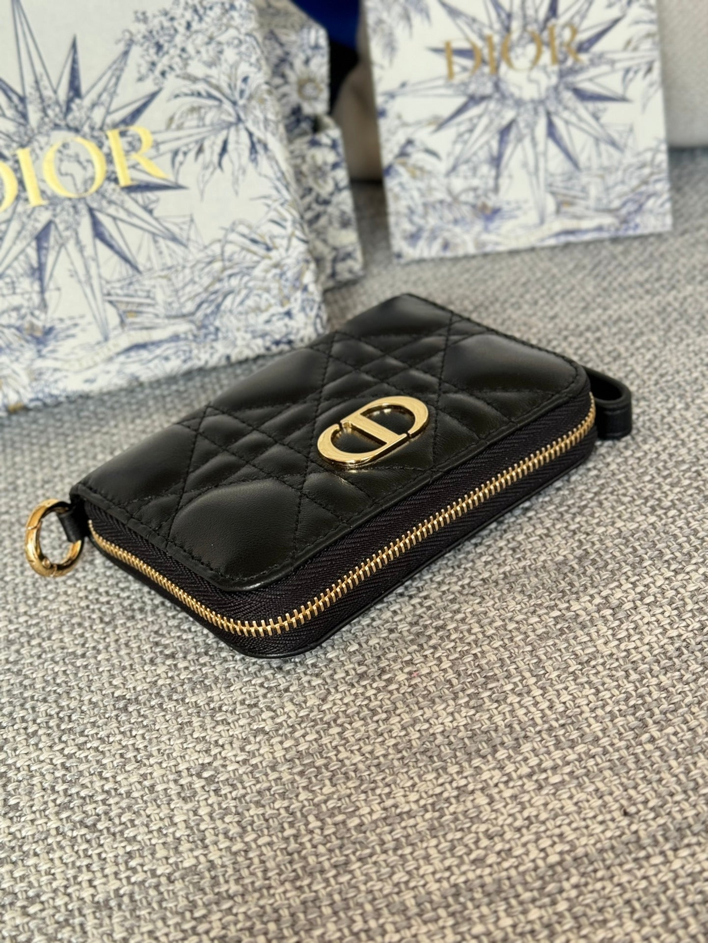 Luxury DiorLogo Caro 11cm Compact Wallet Black Calfskin