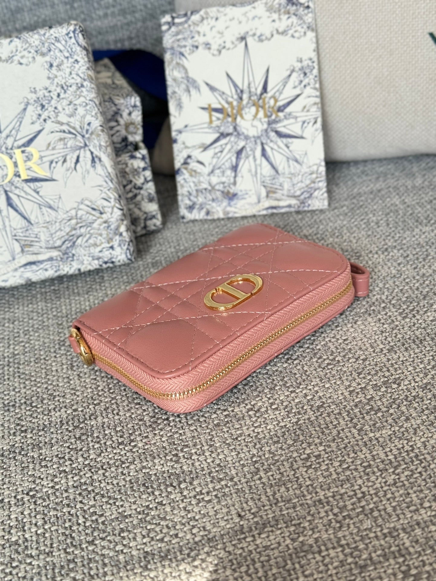 Luxury DiorLogo Caro 11cm Compact Wallet Dark Pink Calfskin