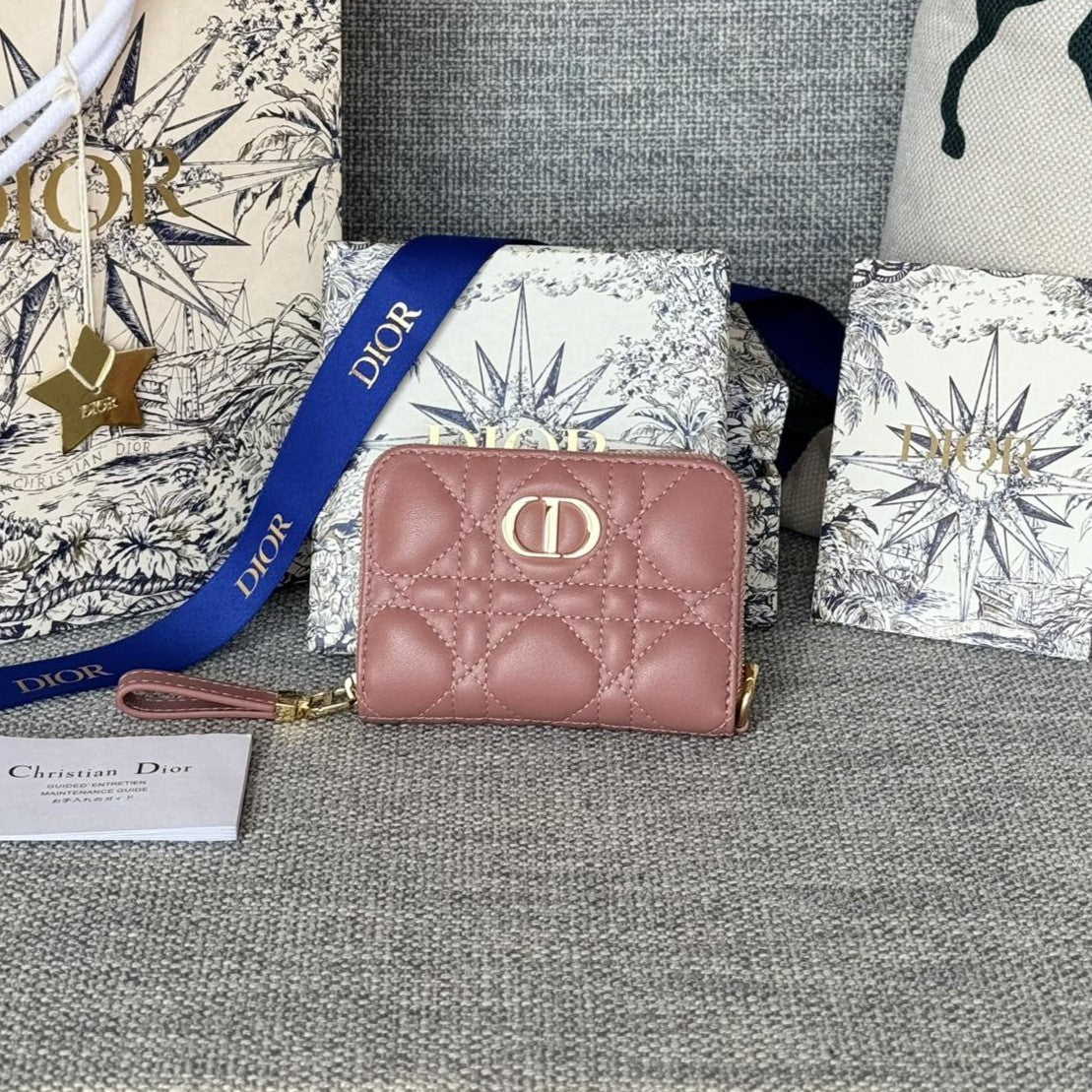 Luxury DiorLogo Caro 11cm Compact Wallet Dark Pink Calfskin