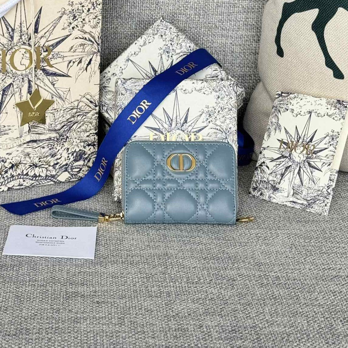 Luxury DiorLogo Caro 11cm Compact Wallet Cloud Blue Calfskin