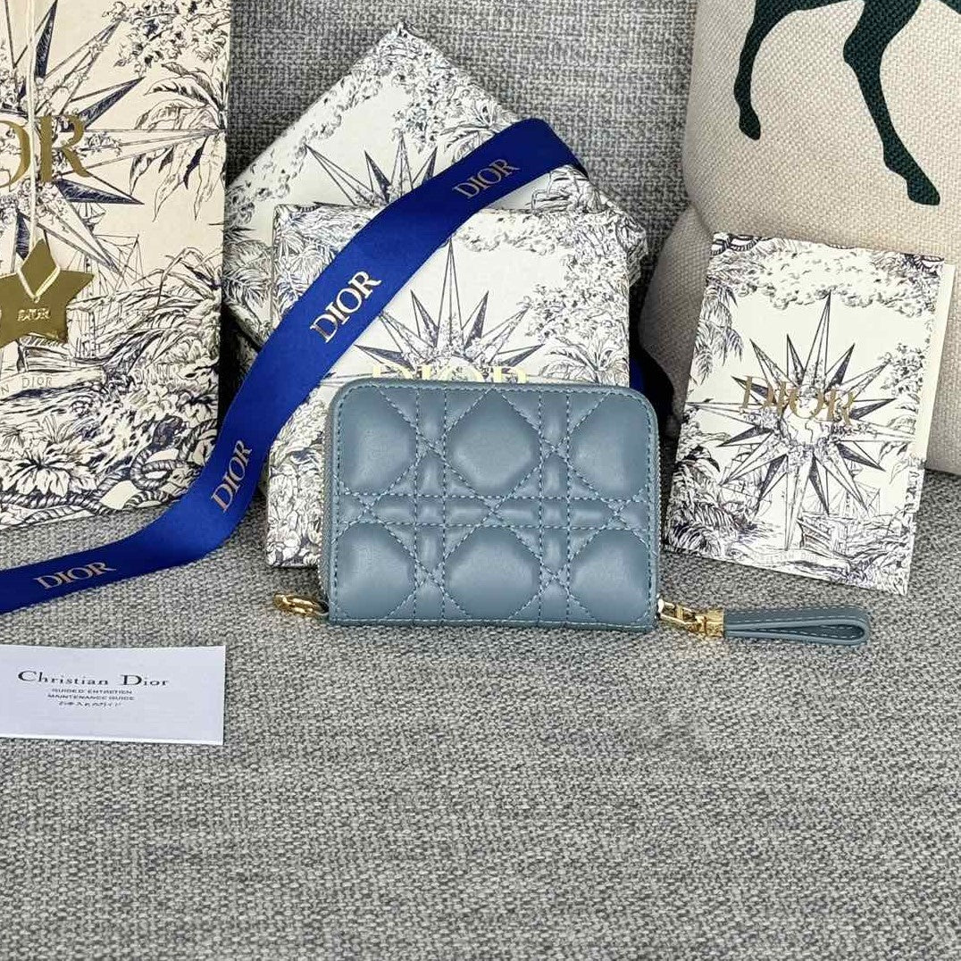 Luxury DiorLogo Caro 11cm Compact Wallet Cloud Blue Calfskin