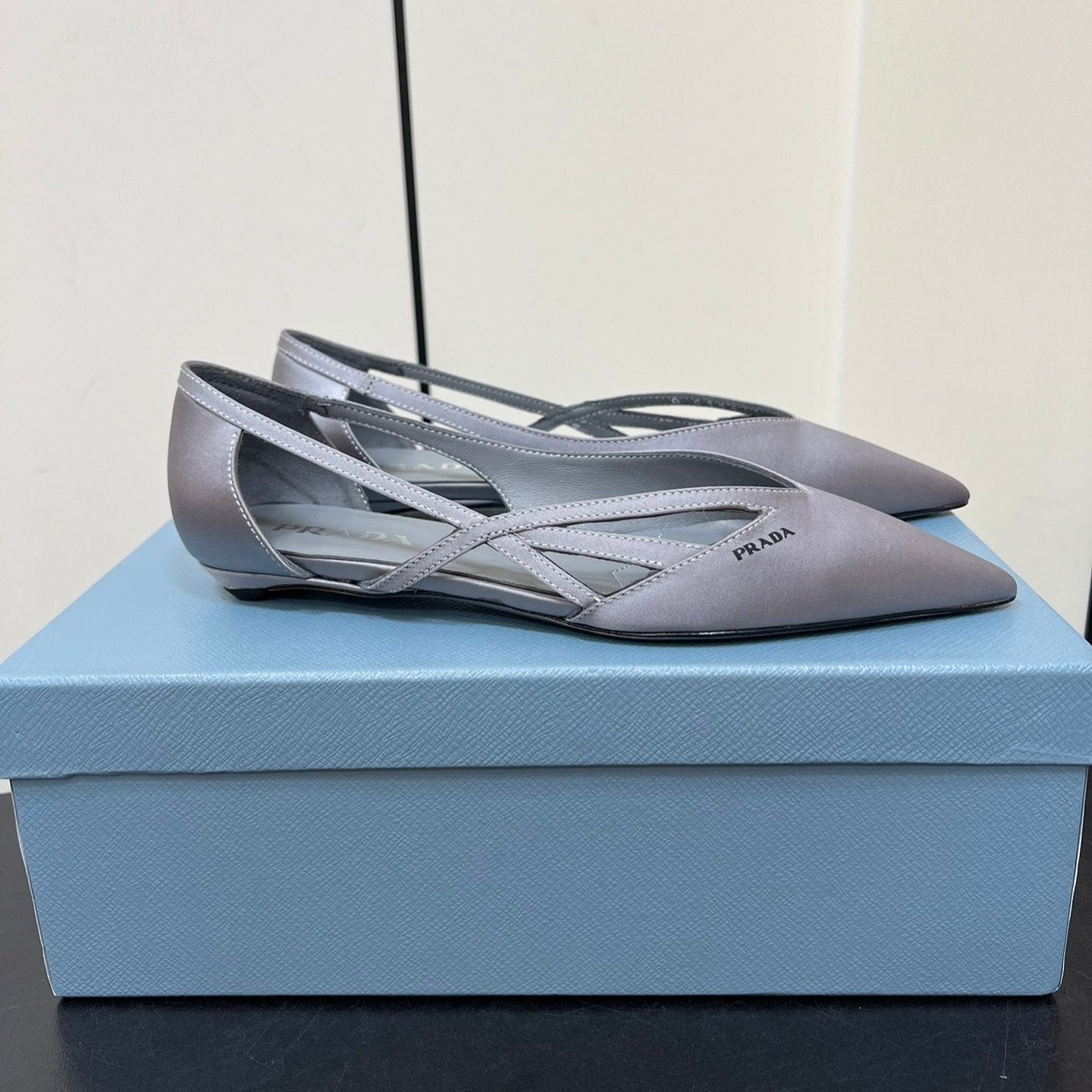 Luxury PradaCUT-OUT BALLERINAS IN WARM GRAY SATIN