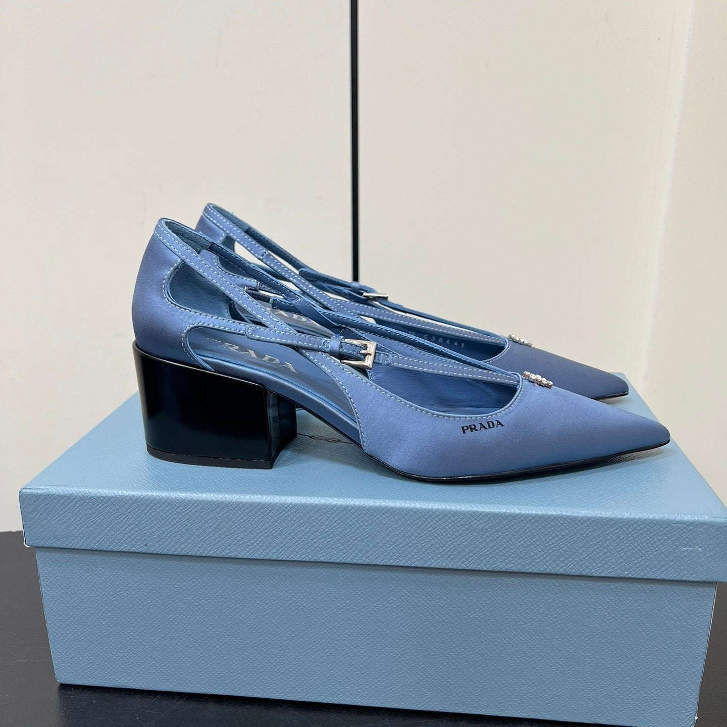 Luxury PradaCUT-OUT PUMPS WITH BEAD BUCKLE IN PERANO BLUE SATIN