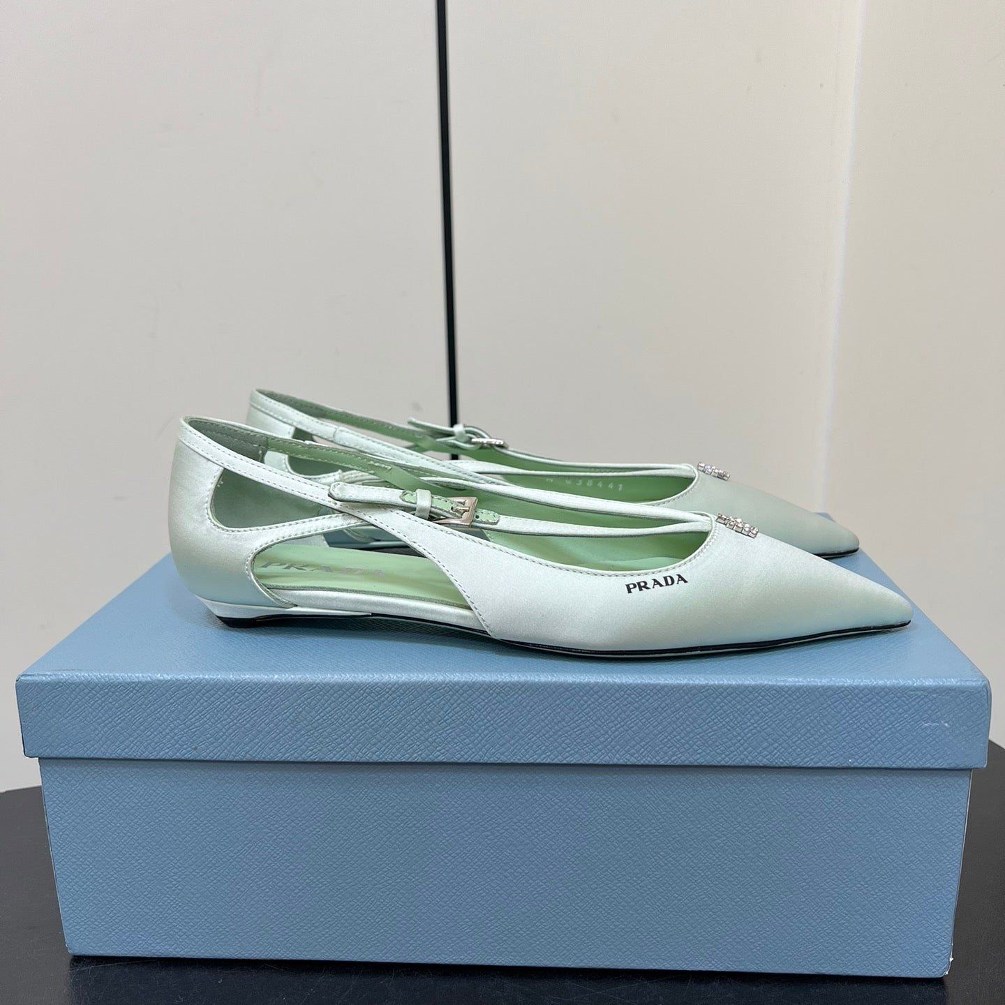 Luxury PradaCUT-OUT BALLERINA FLAT IN CHETWODE GREEN SATIN ATTACHED BEAD BUCKLE