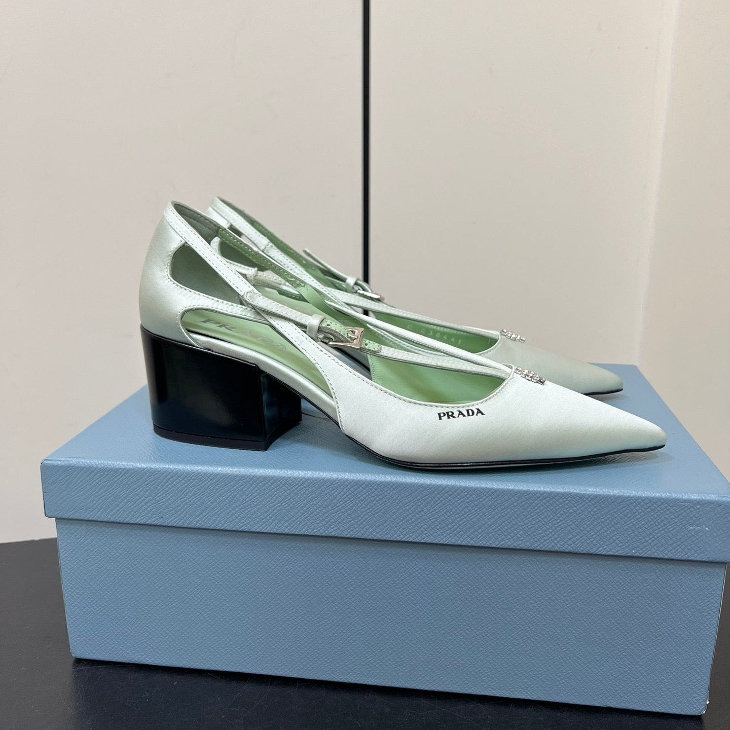 Luxury PradaCUT-OUT PUMPS WITH BEAD BUCKLE IN CHETWODE GREEN SATIN