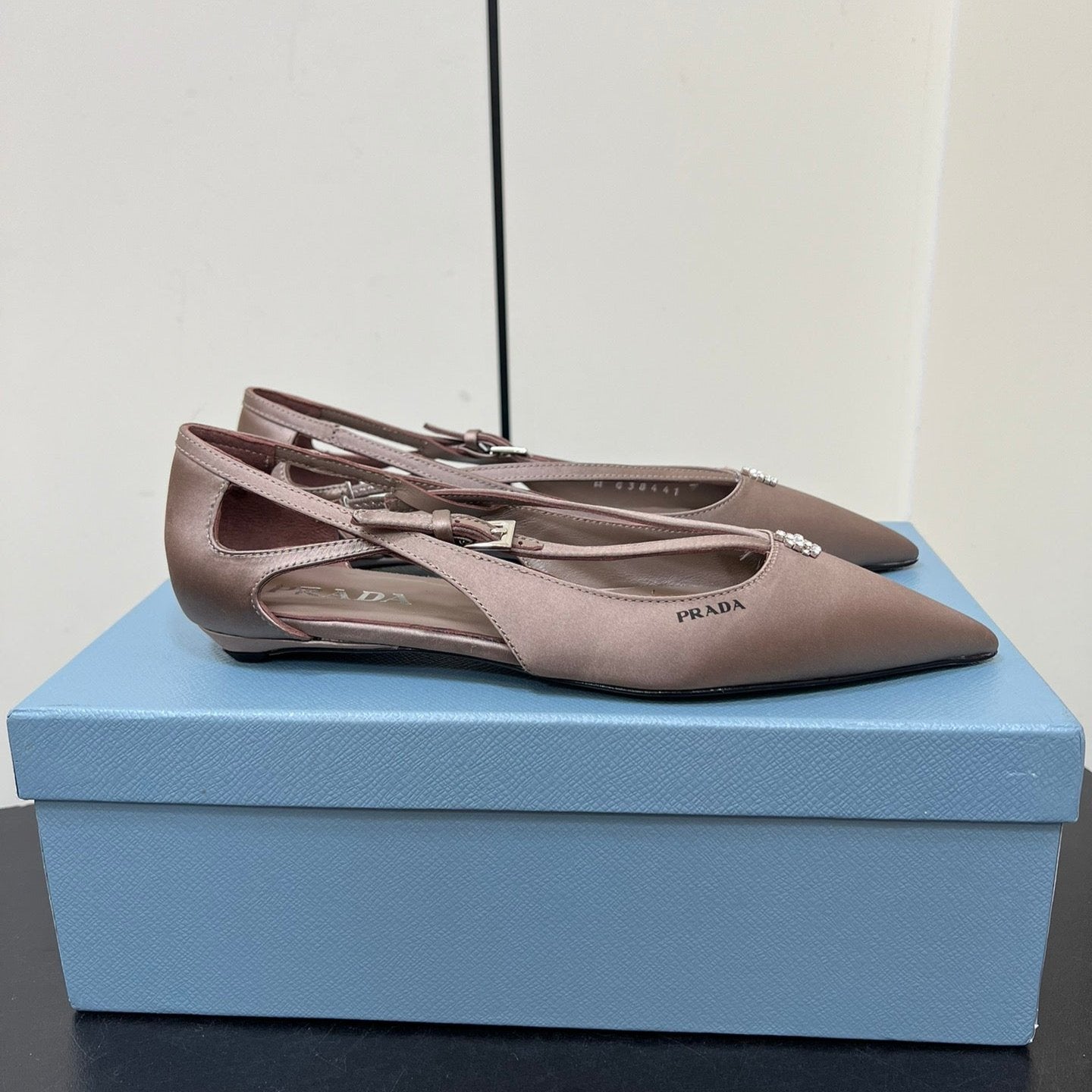 Luxury PradaCUT-OUT BALLERINA FLAT IN HAZELNUT BEIGE SATIN ATTACHED BEAD BUCKLE