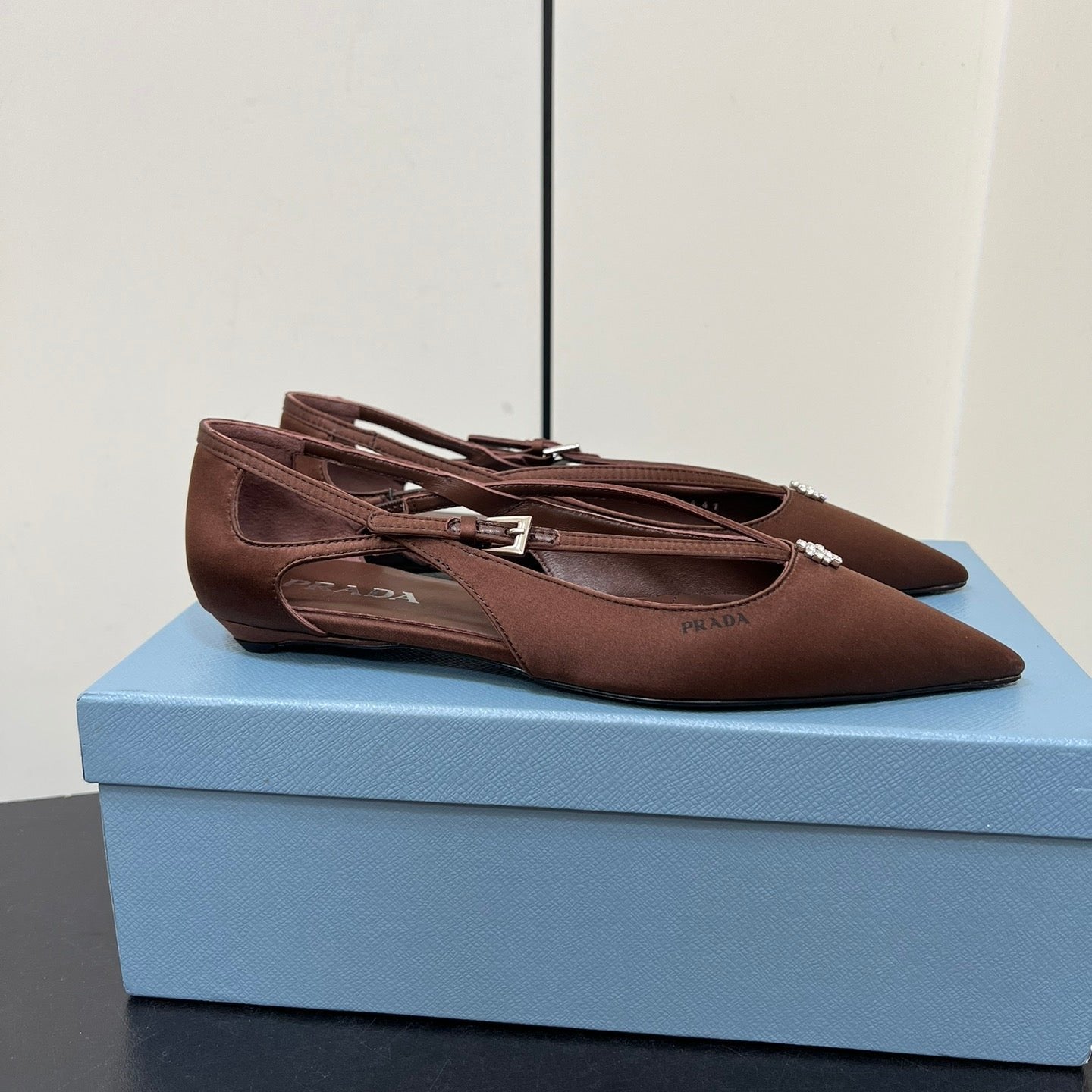 Luxury PradaCUT-OUT BALLERINA FLAT IN CHOCOLATE BROWN SATIN ATTACHED BEAD BUCKLE
