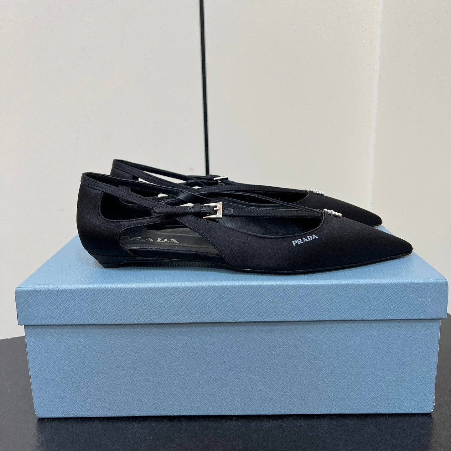 Luxury PradaCUT-OUT BALLERINA FLAT IN BLACK SATIN ATTACHED BEAD BUCKLE