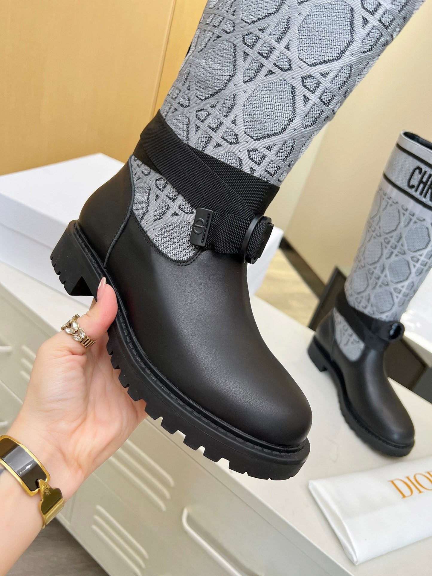 Luxury DiorD-Major Boot In Grey Mix Black Denim Fabric And Lambskin 107717