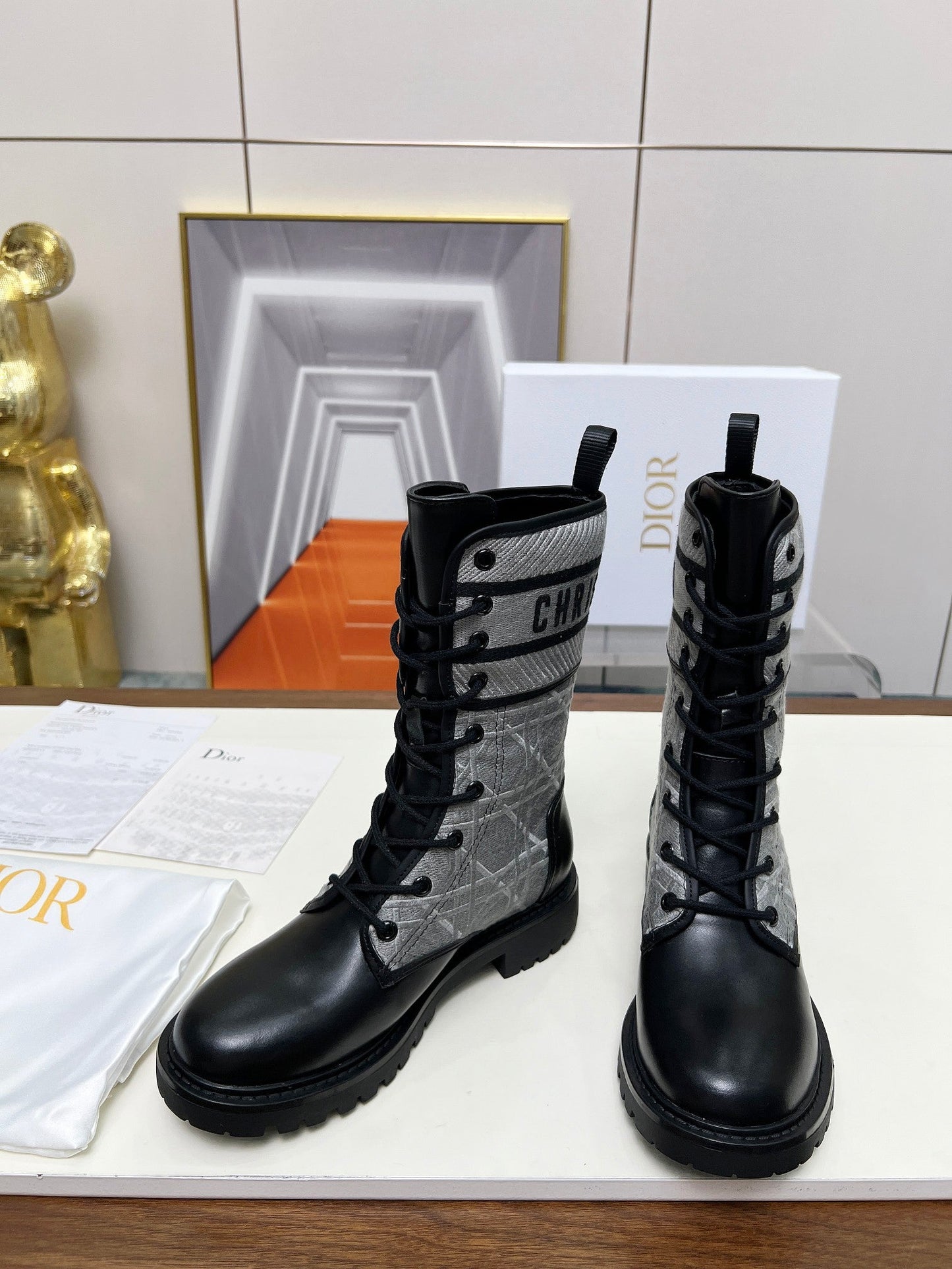 Luxury DiorD-Major Ankle Boot In Grey Mix Black Denim Fabric And Lambskin  107724