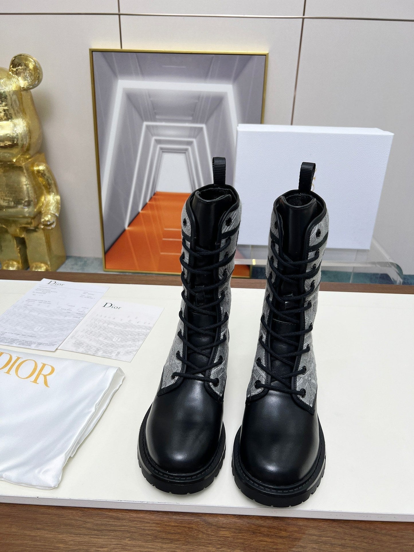 Luxury DiorD-Major Ankle Boot In Grey Mix Black Denim Fabric And Lambskin  107724