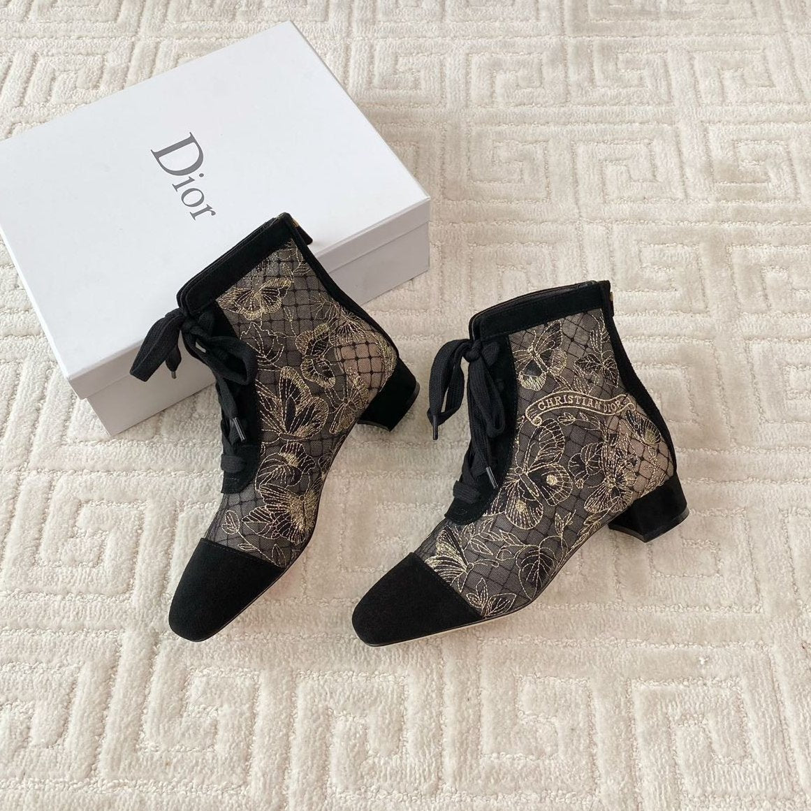 Luxury DiorNaughtily-D Heeled Ankle Boot Black Transparent Mesh Butterfly And Suede