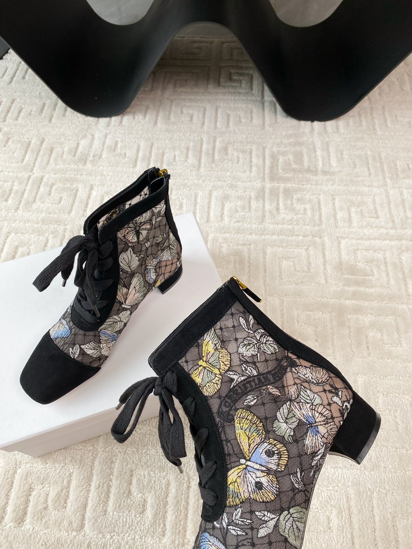 Luxury DiorNaughtily-D Heeled Ankle Boot Black Mix Yellow Blue Transparent Mesh Butterfly And Suede