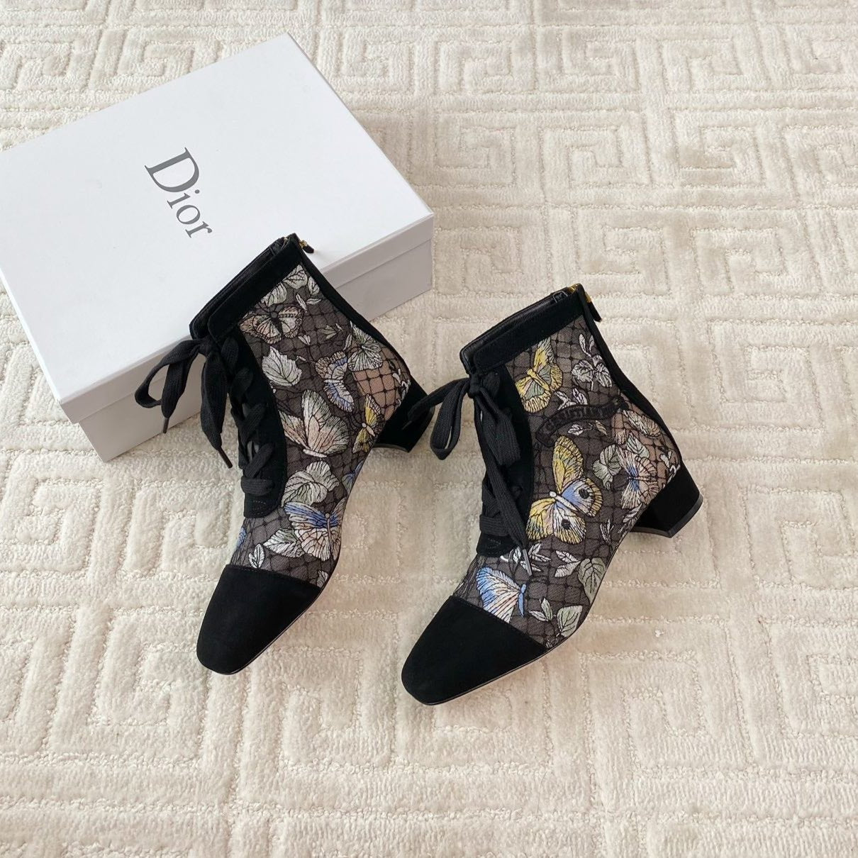 Luxury DiorNaughtily-D Heeled Ankle Boot Black Mix Yellow Blue Transparent Mesh Butterfly And Suede