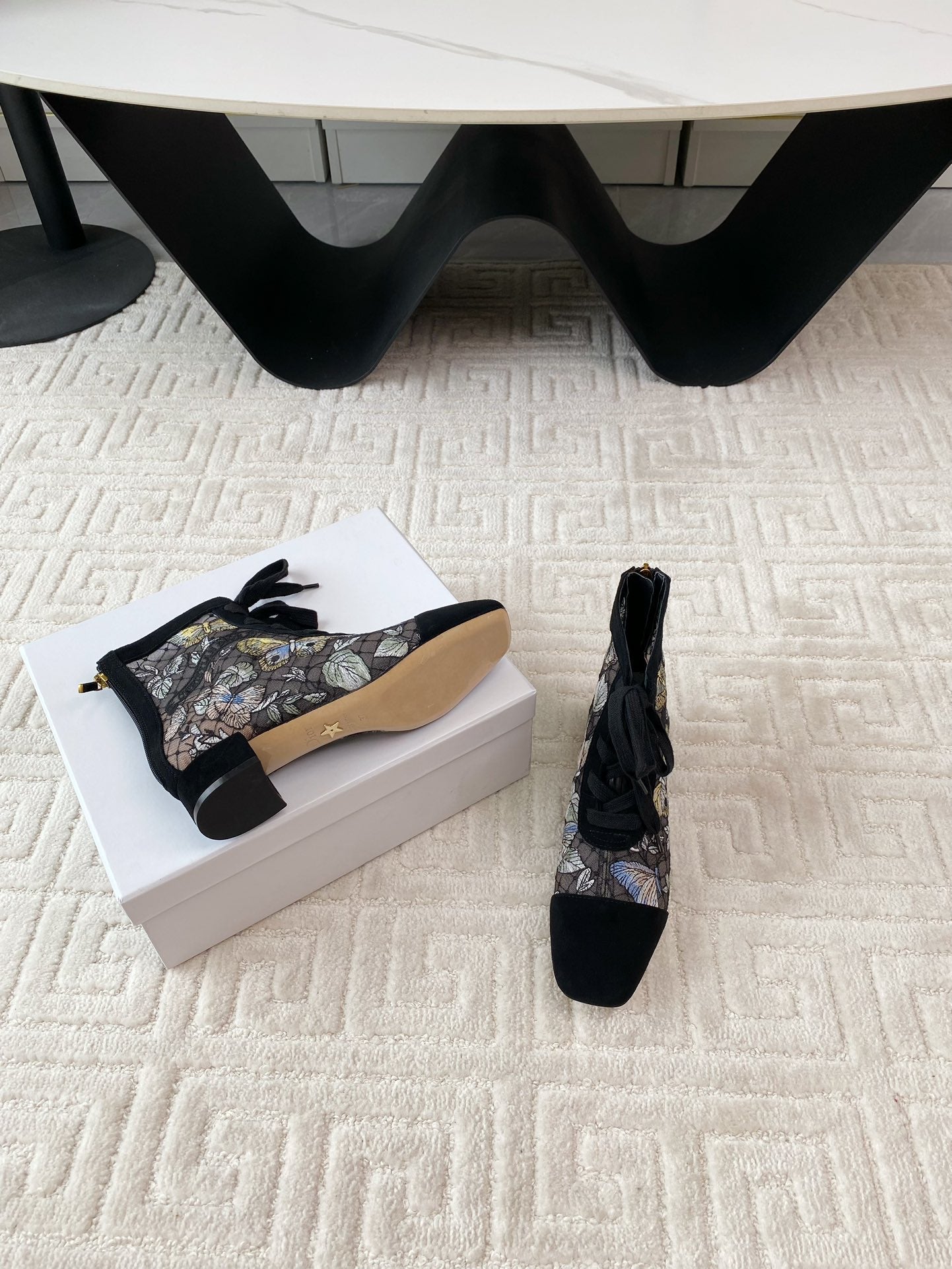 Luxury DiorNaughtily-D Heeled Ankle Boot Black Mix Yellow Blue Transparent Mesh Butterfly And Suede