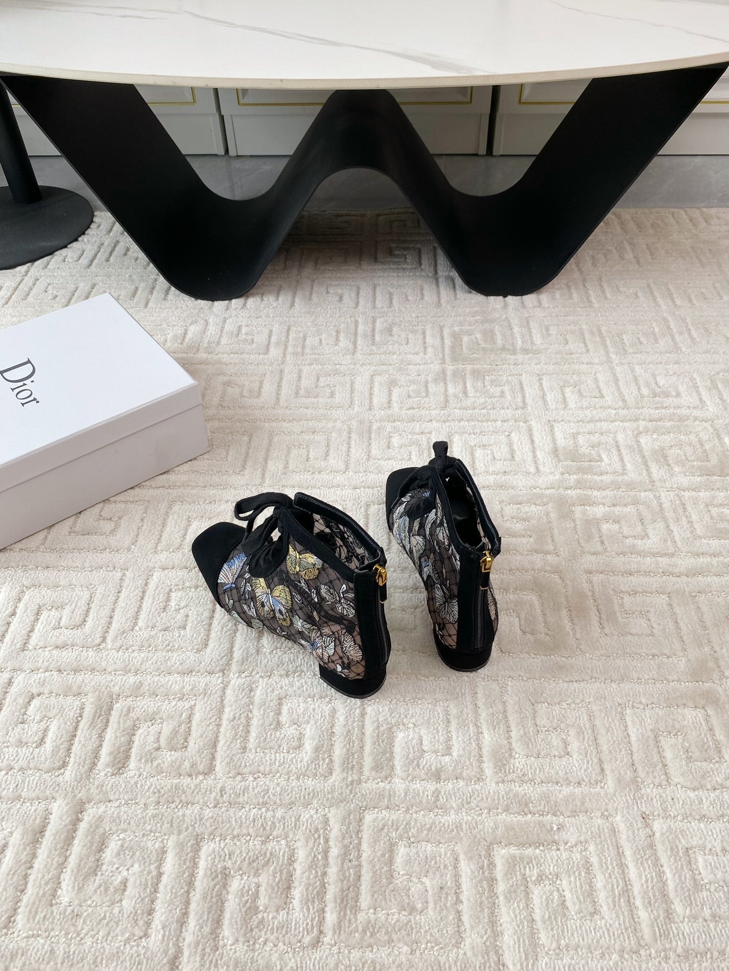 Luxury DiorNaughtily-D Heeled Ankle Boot Black Mix Yellow Blue Transparent Mesh Butterfly And Suede