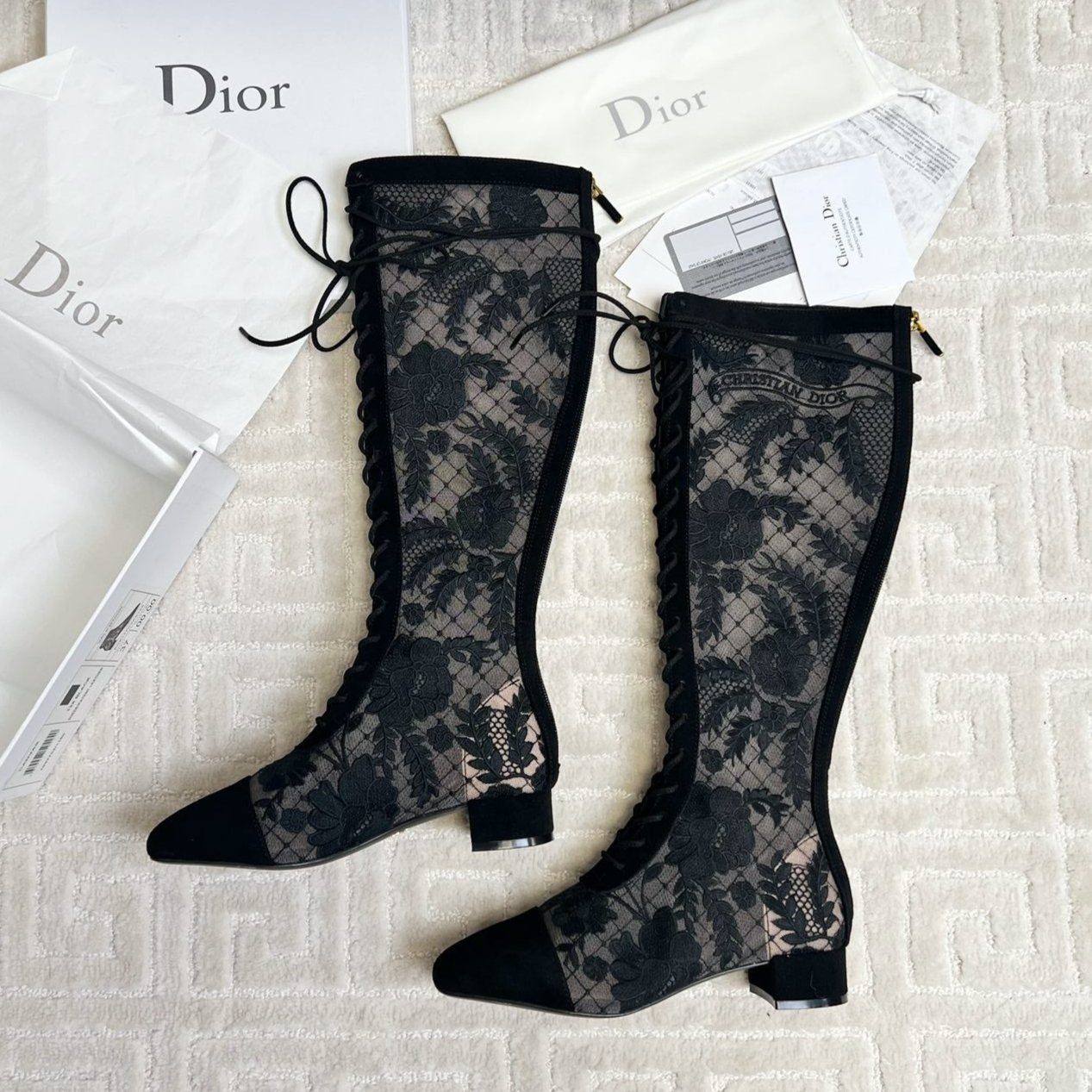 Luxury DiorNaughtily-D Heeled High Boots Black Transparent Mesh Roses Embroidery And Suede