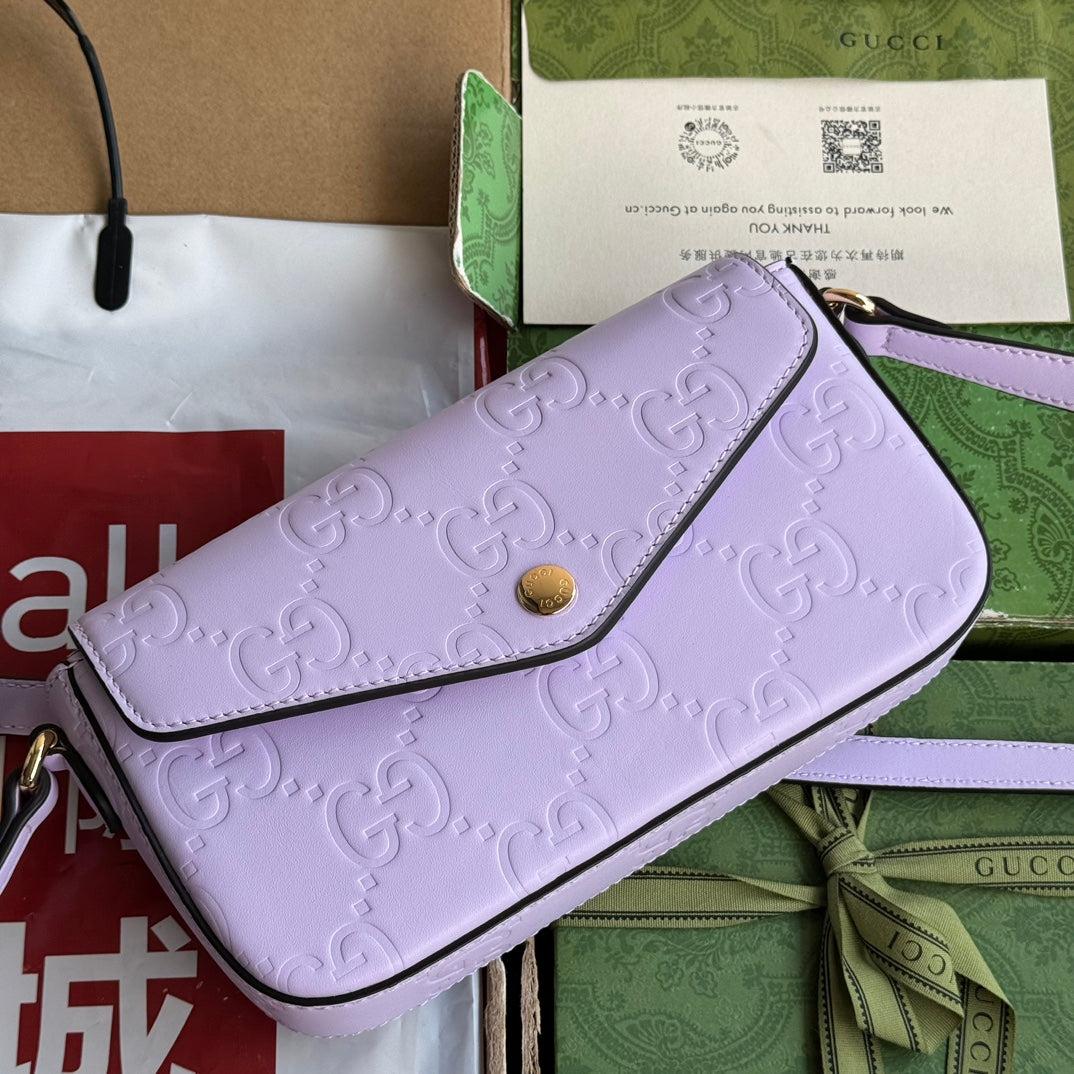 Luxury Gucci SUPER MINI SHOULDER BAG 21 IN LIGHT VIOLET EMBOSSED CALFSKIN