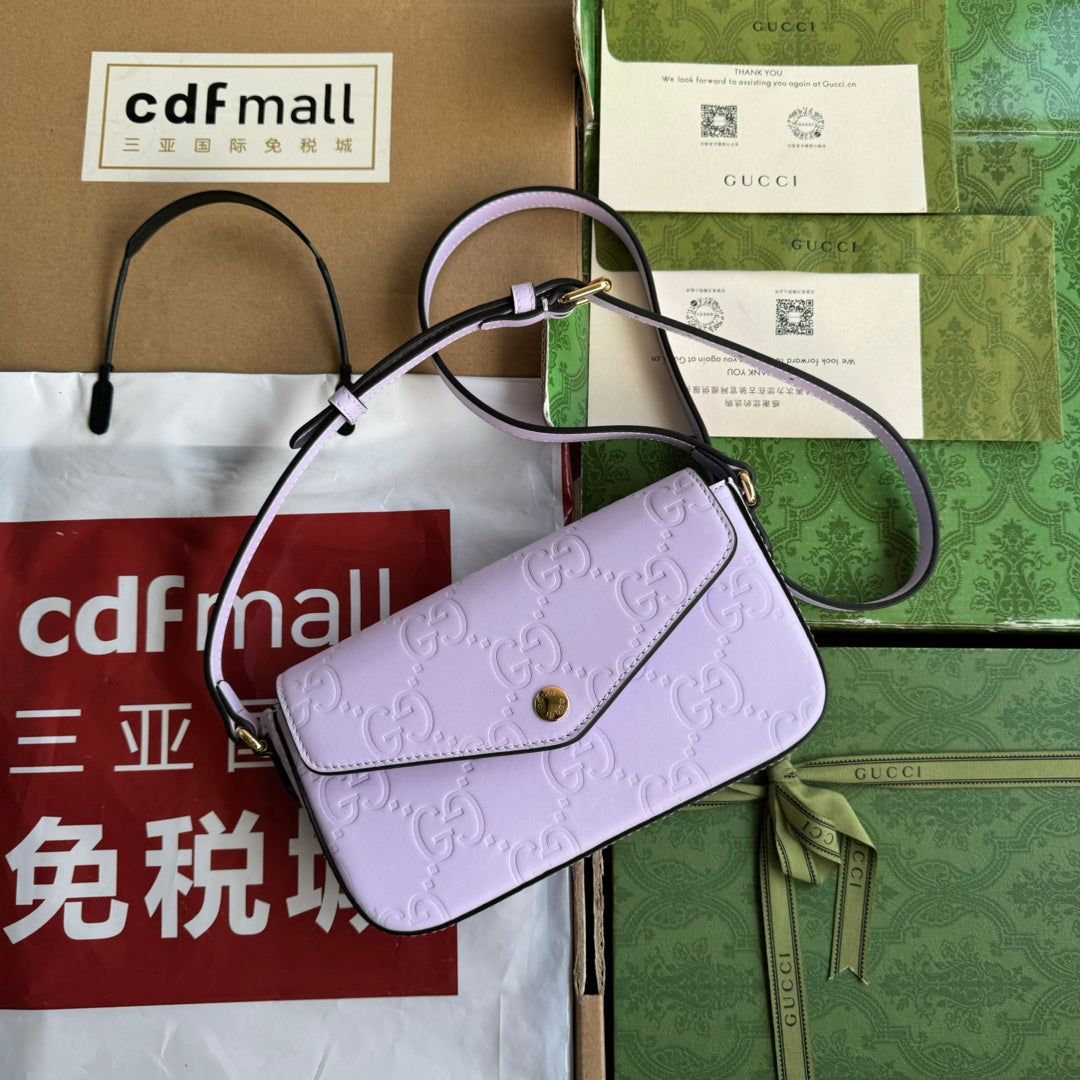 Luxury Gucci SUPER MINI SHOULDER BAG 21 IN LIGHT VIOLET EMBOSSED CALFSKIN