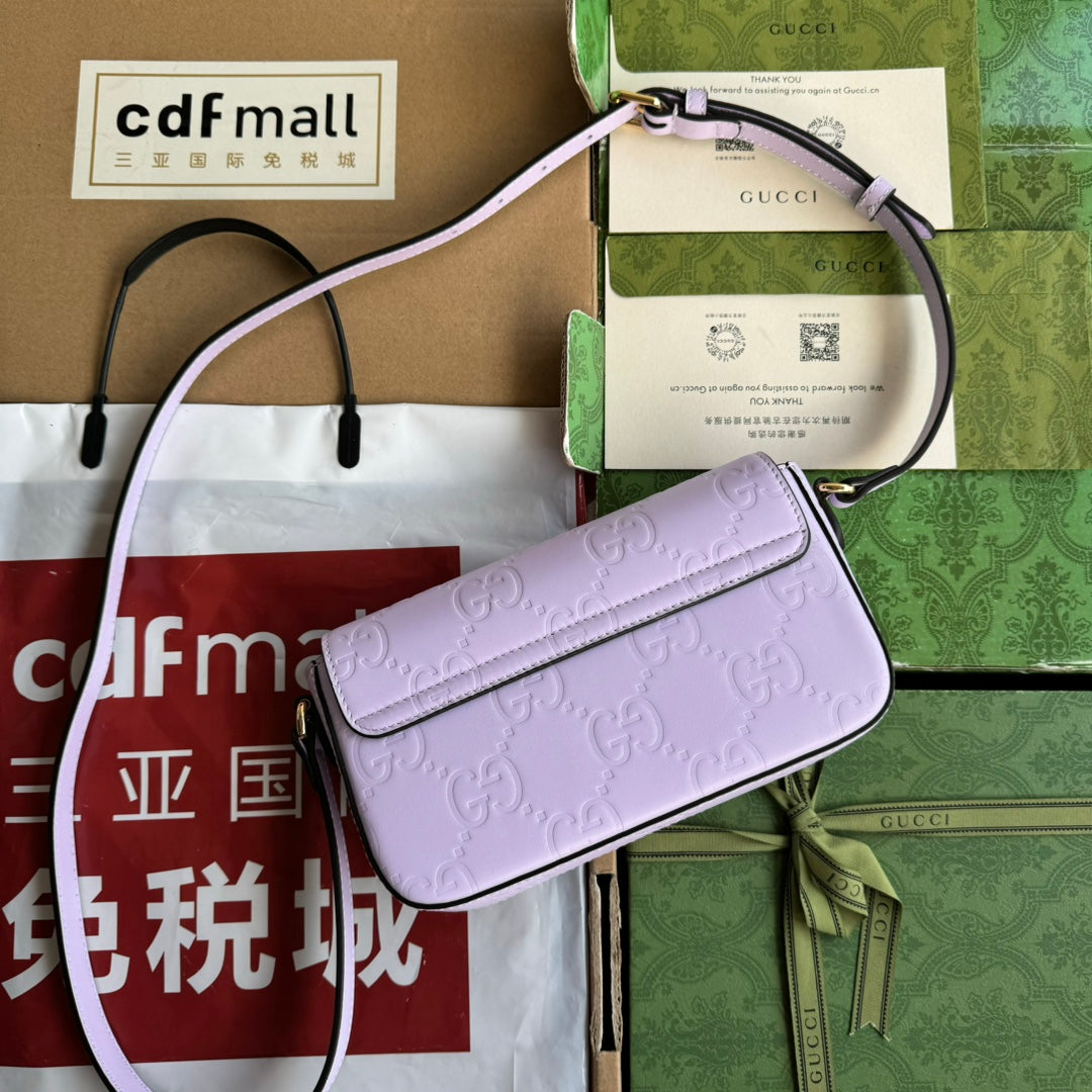 Luxury Gucci SUPER MINI SHOULDER BAG 21 IN LIGHT VIOLET EMBOSSED CALFSKIN