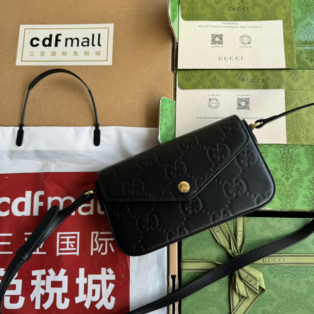 Luxury Gucci SUPER MINI SHOULDER BAG 21 IN BLACK EMBOSSED CALFSKIN